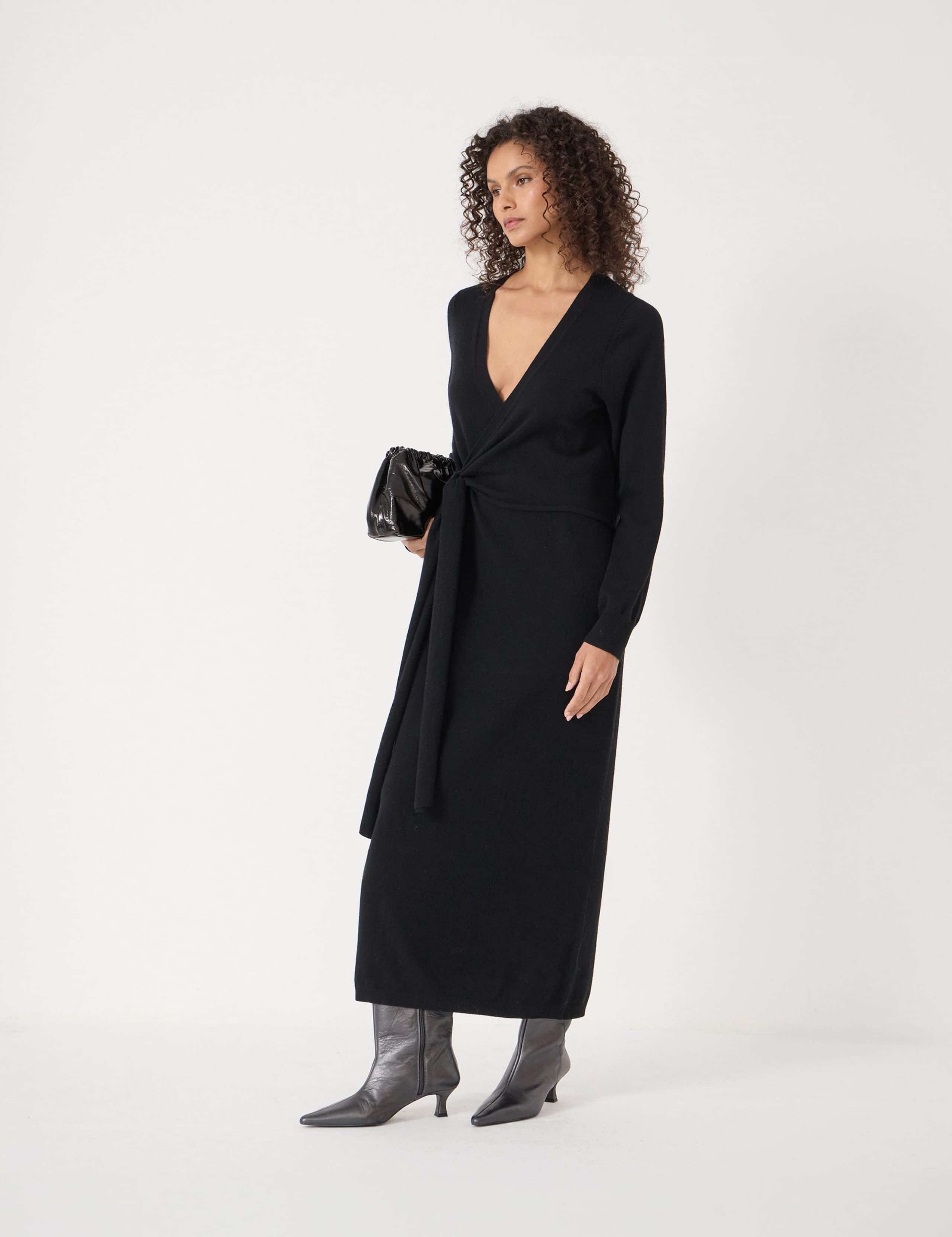 Pure Merino Wool V-Neck Midi Wrap Dress