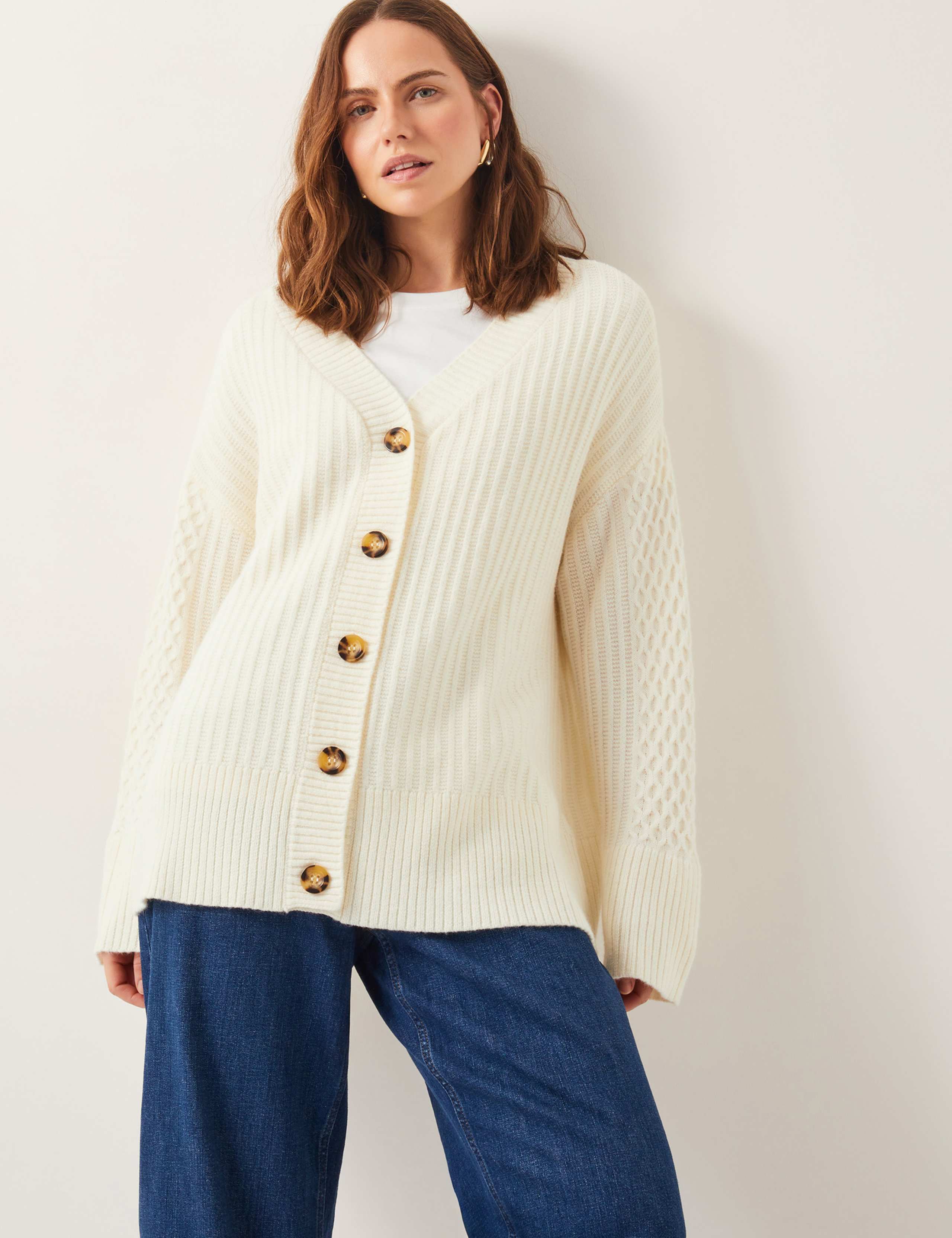 Textured V-Neck Cardigan with Wool