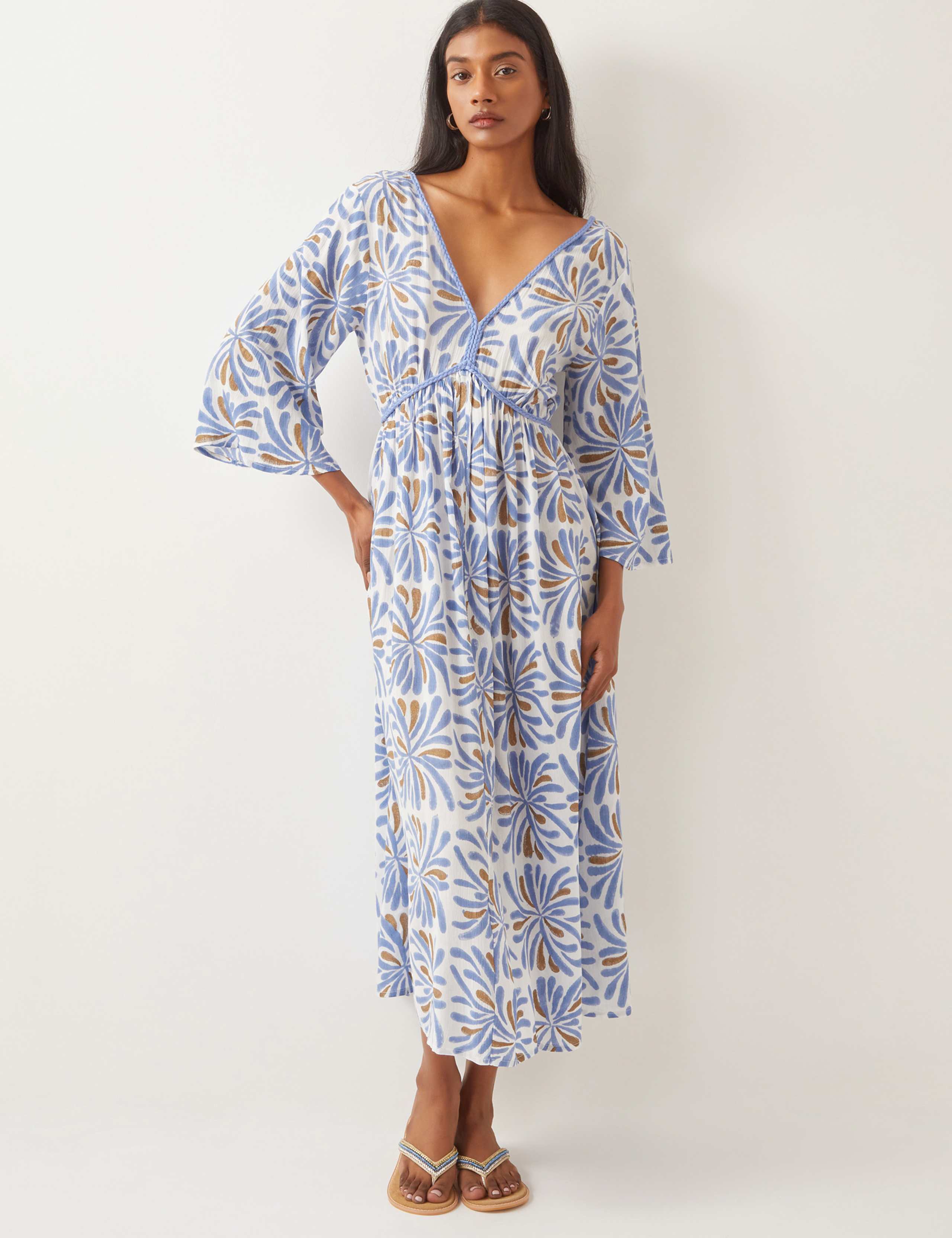 Textured Woodblock V-Neck Midi Skater Dress