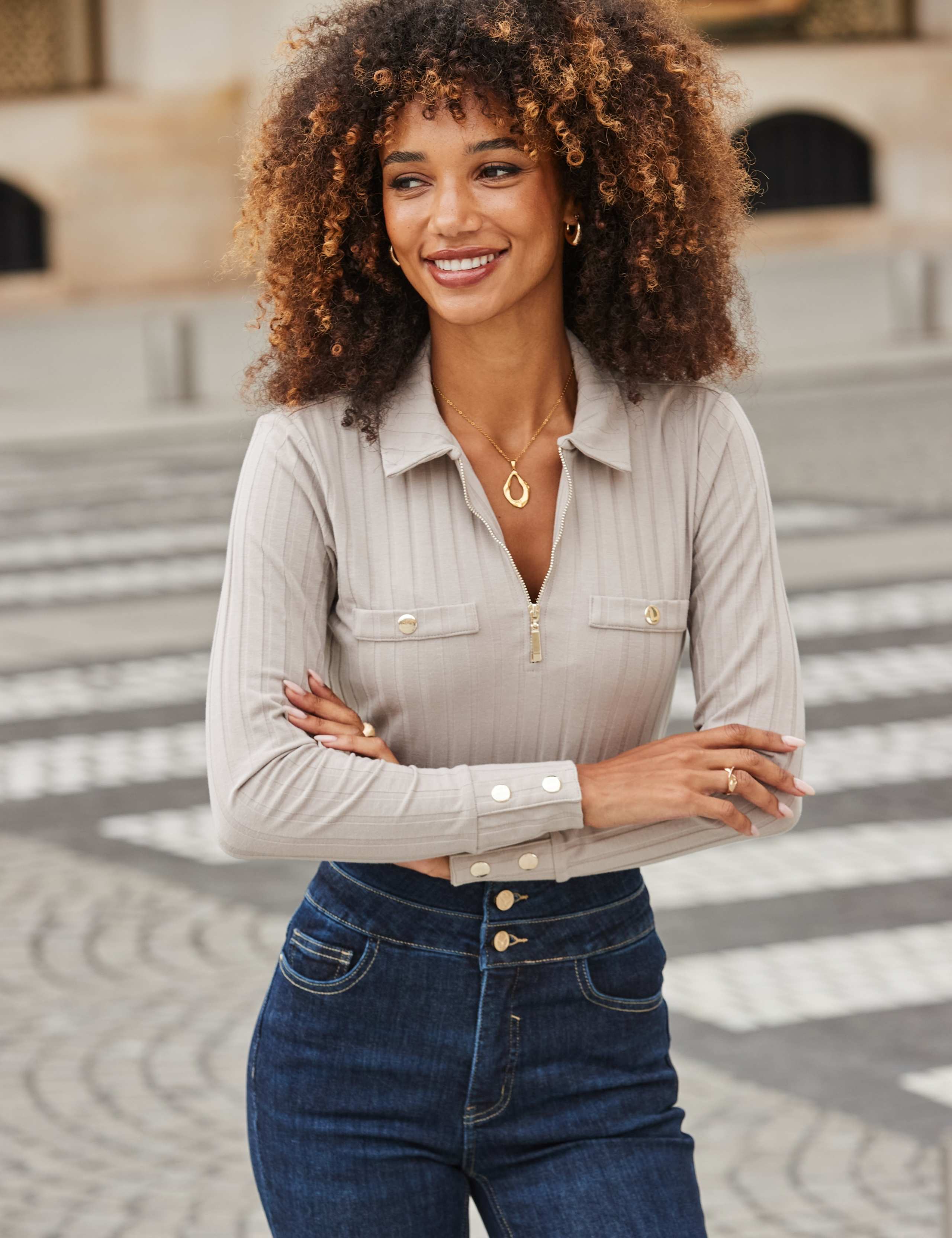 Cotton Blend Ribbed Collared Zip Front Top