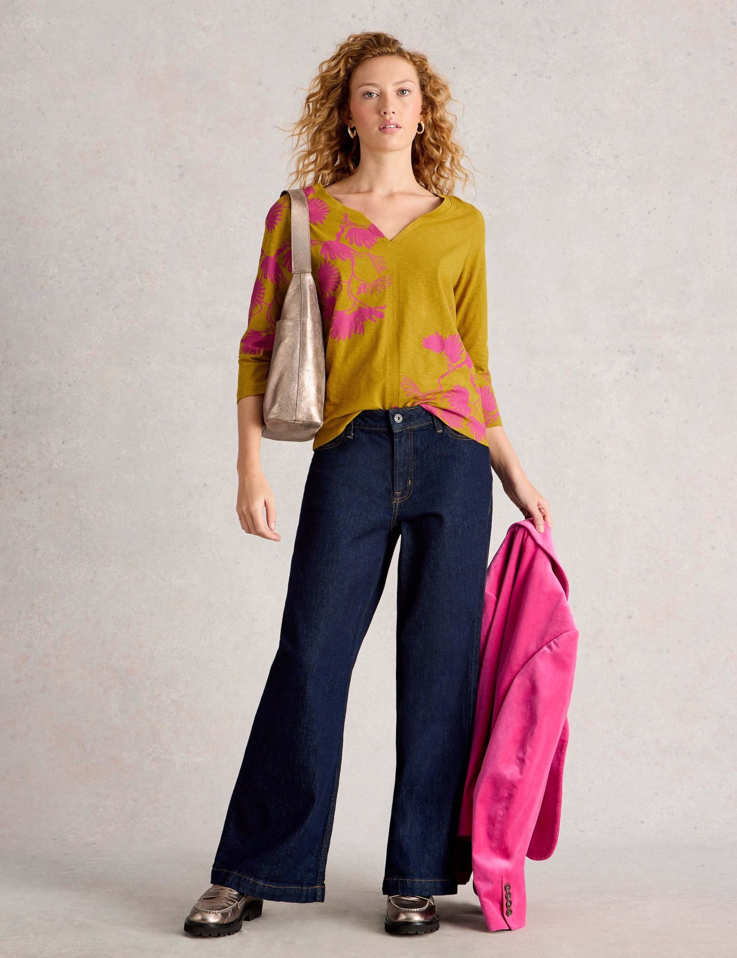 Pure Cotton Leaf Print V-Neck Top