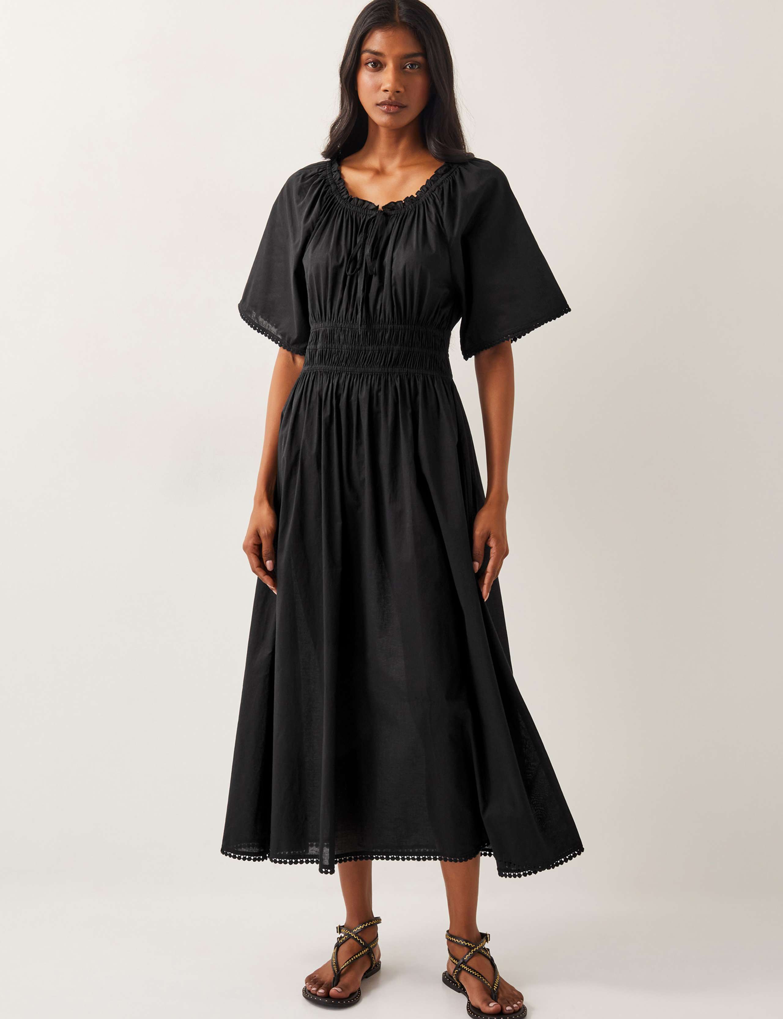 Pure Cotton Tie Neck Midi Waisted Dress
