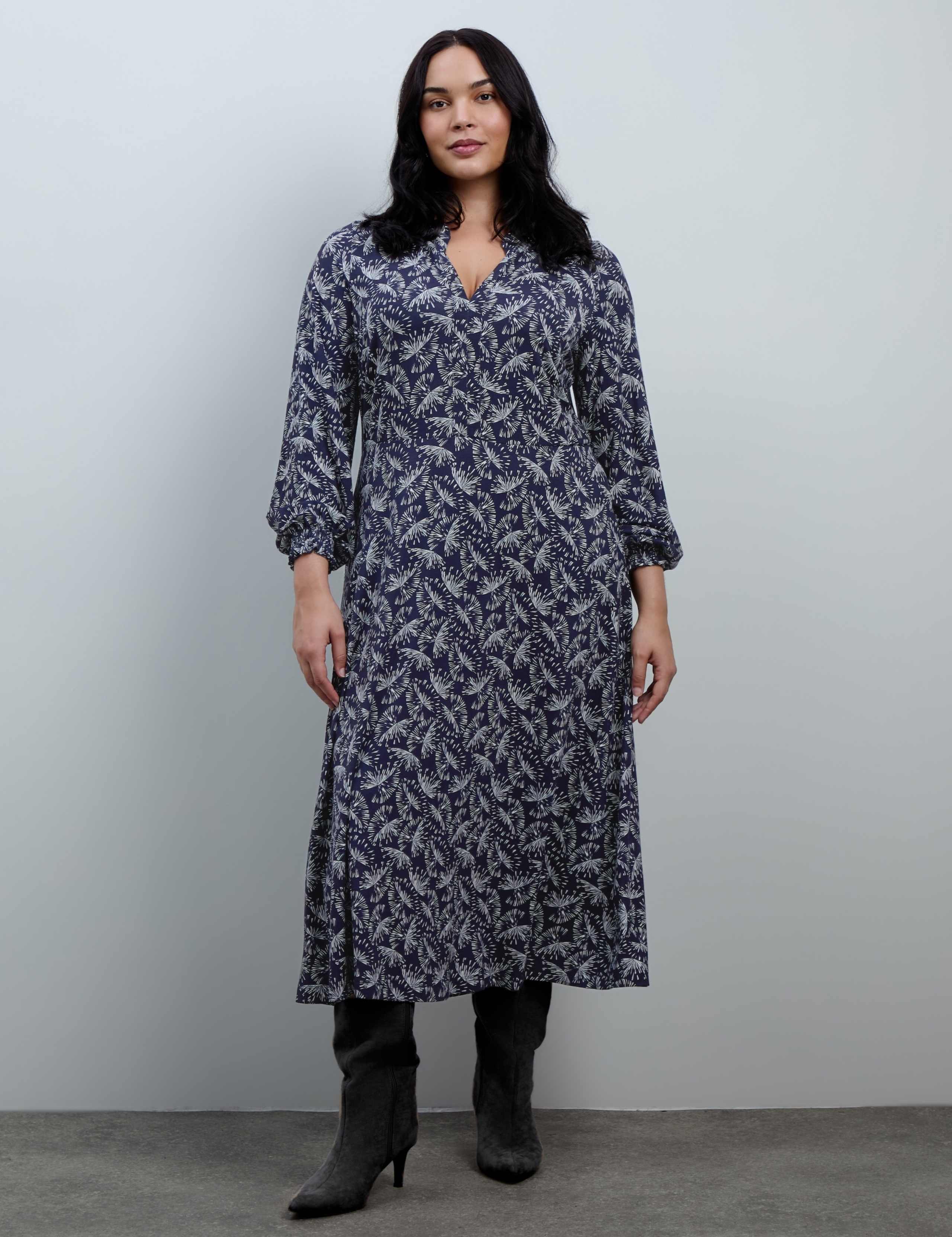 Curve Jersey Fan Print Ruffle Midaxi Dress