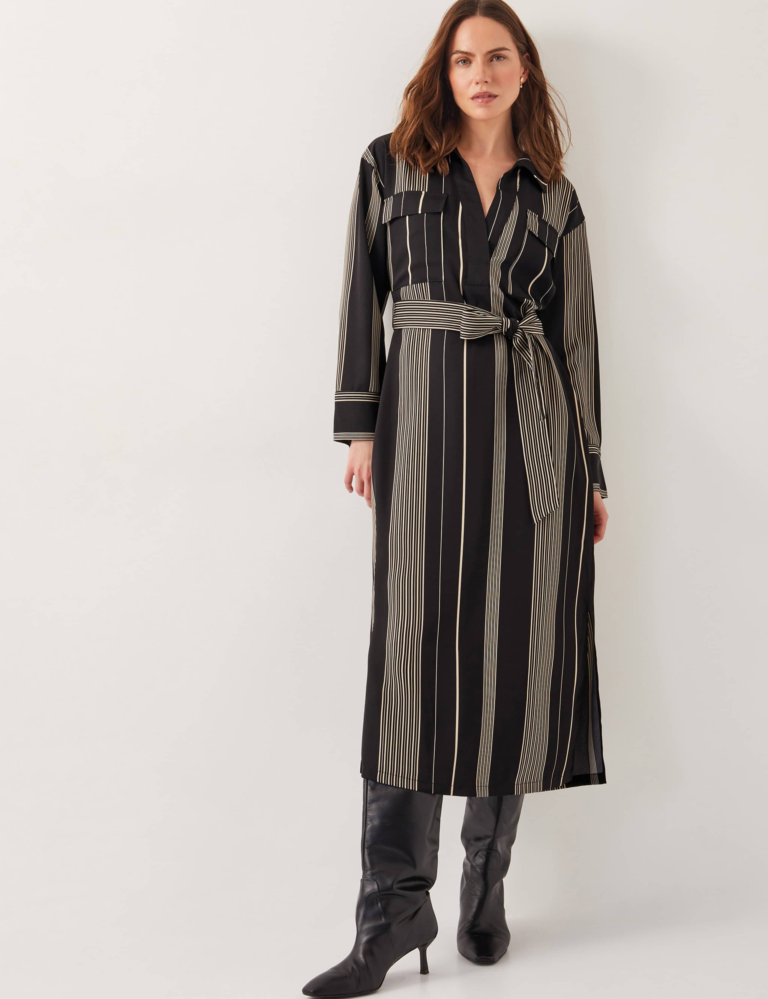 Striped V-Neck Belted Midi Shirt Dress