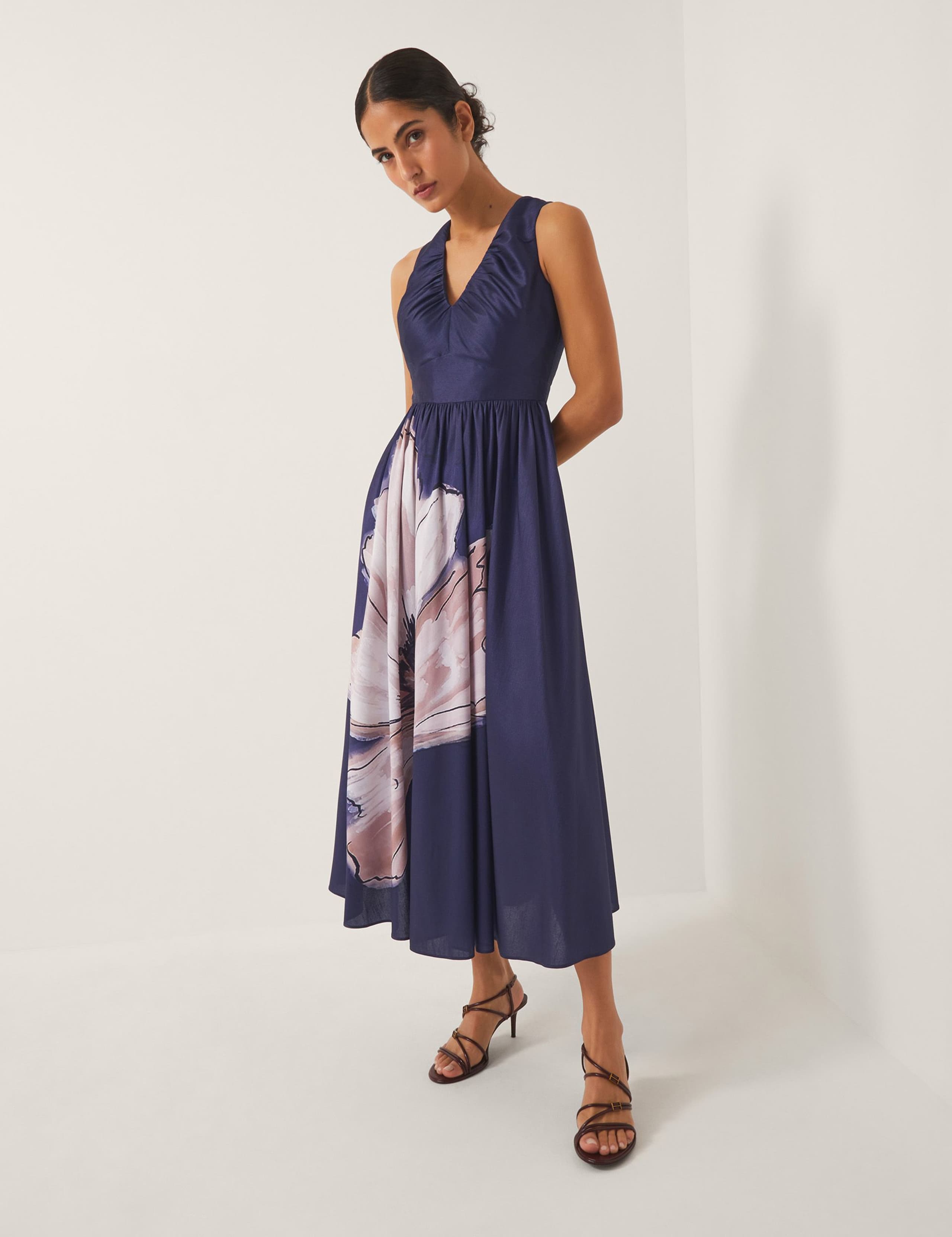 Satin Floral V-Neck Ruched Midi Skater Dress
