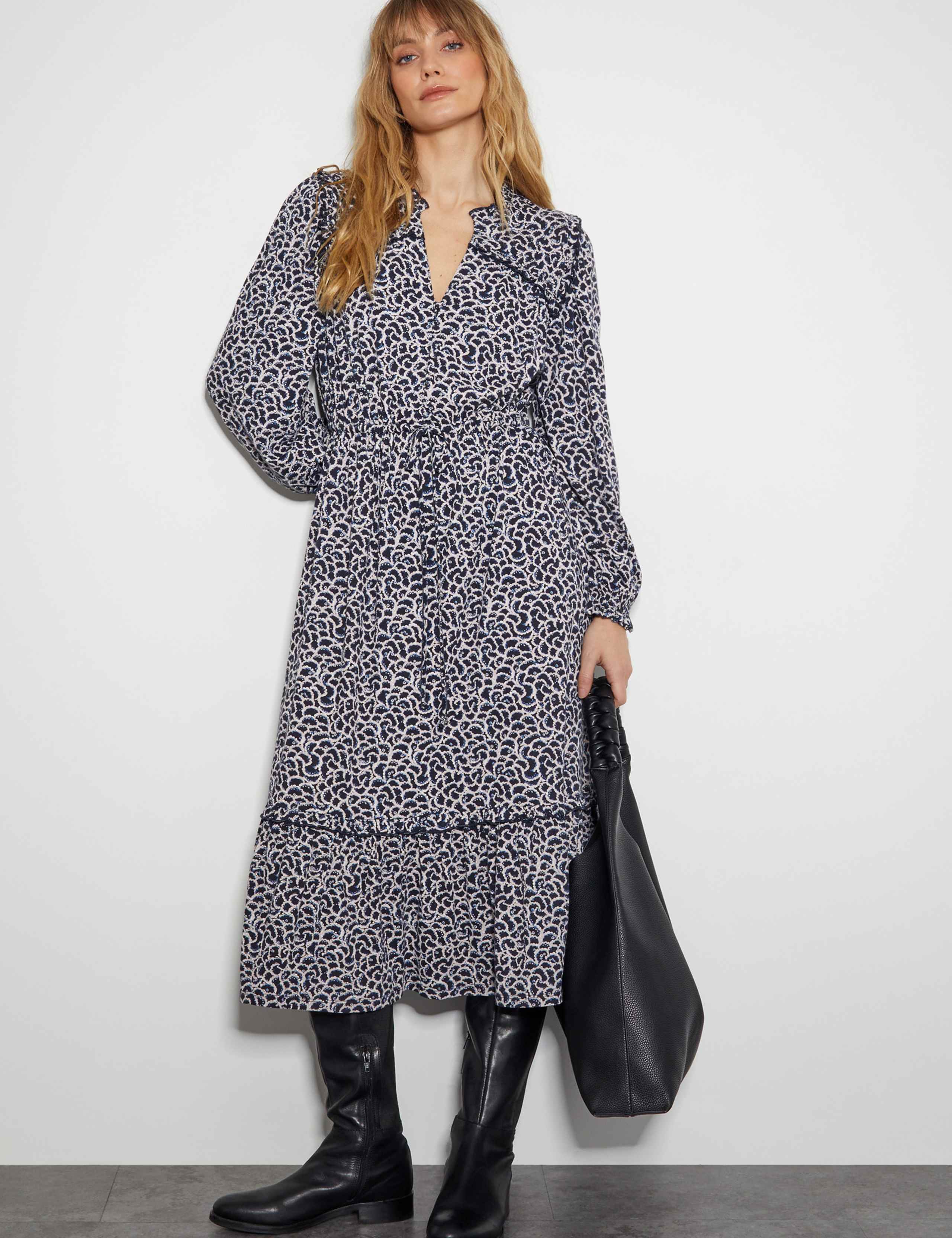 Jersey Printed V-Neck Midi Skater Dress