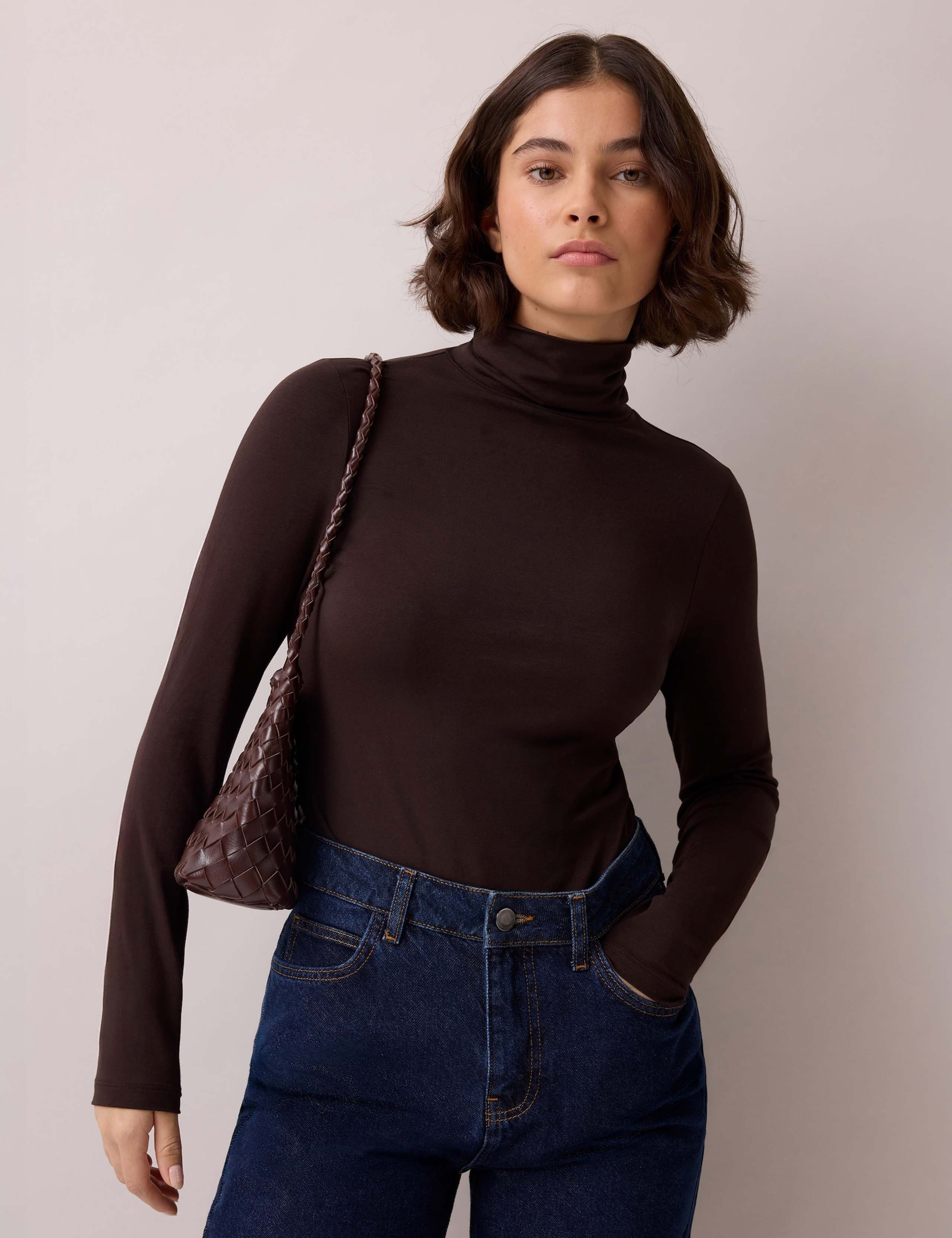 Cotton Blend Roll Neck Top