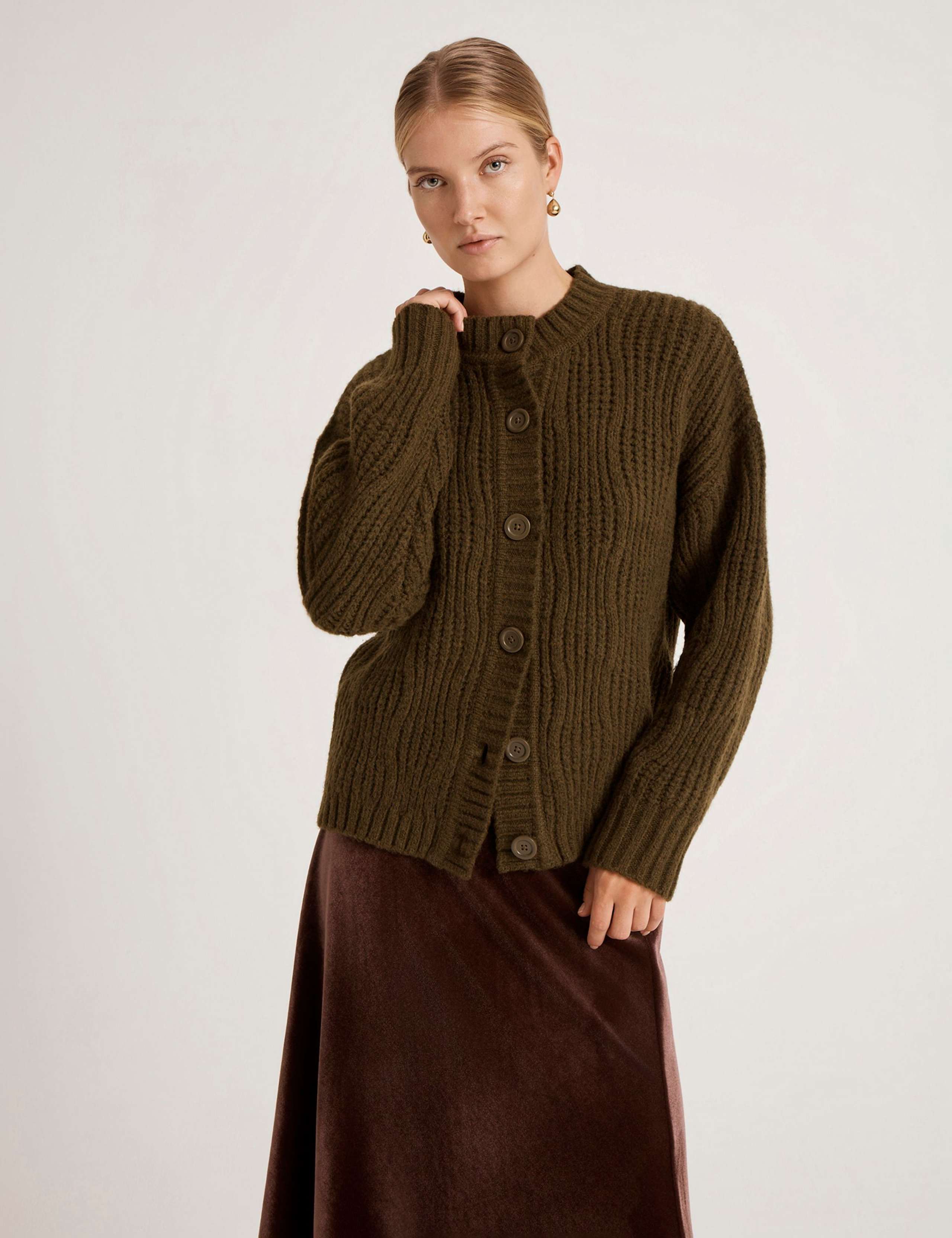 Ribbed Crew Neck Button Front Cardigan