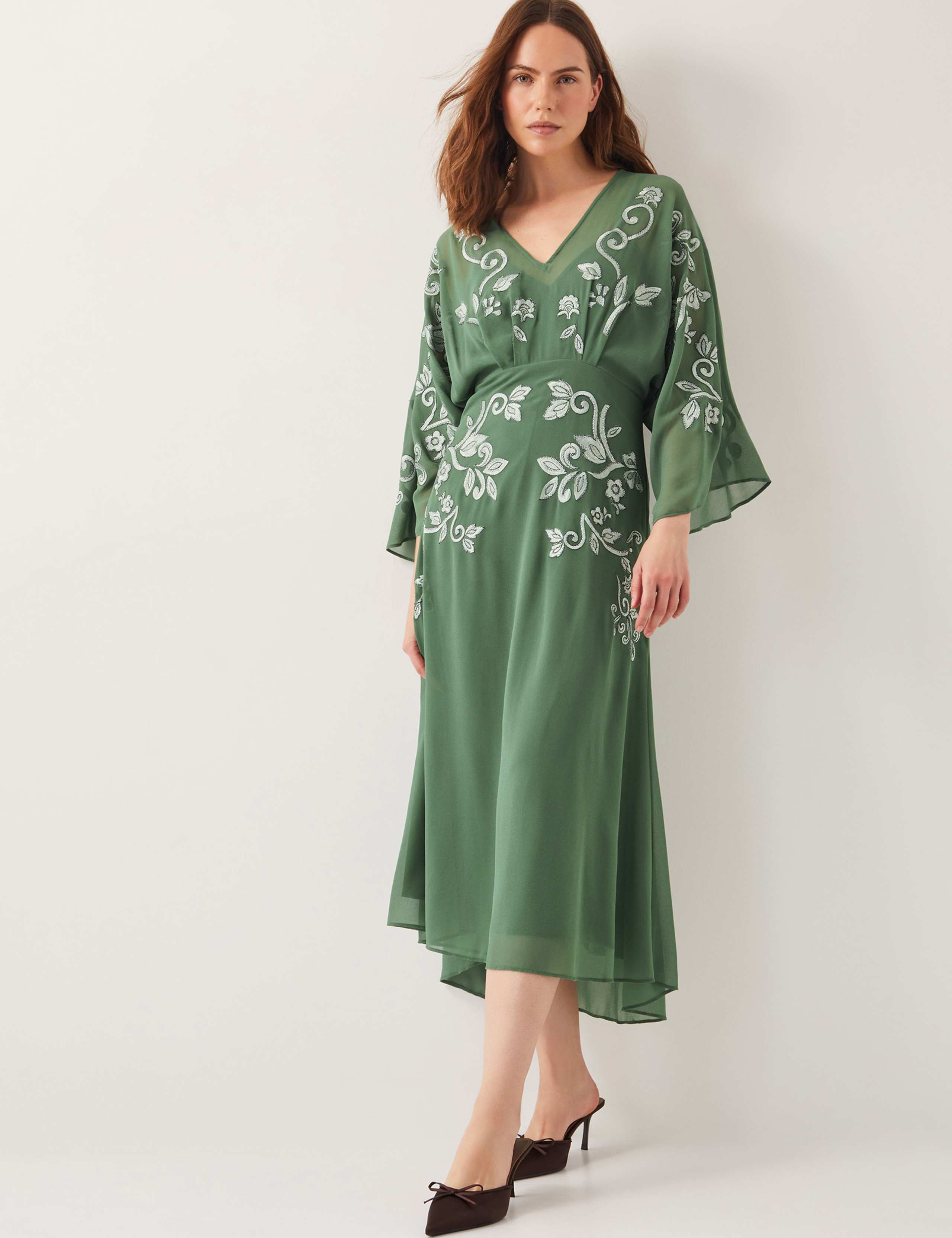Embroidered V-Neck Midi Tea Dress