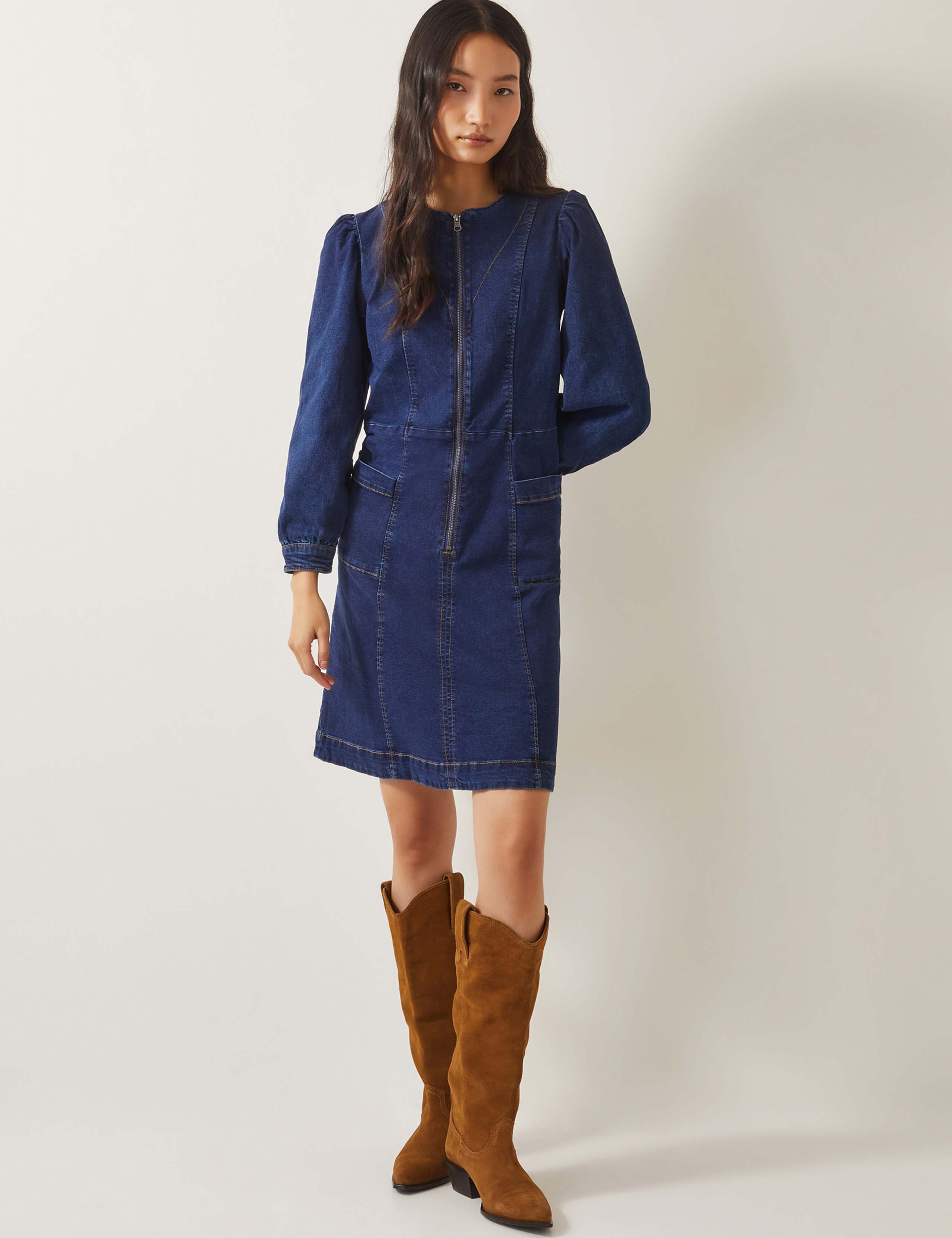 Denim Zip Up Knee Length Shift Dress