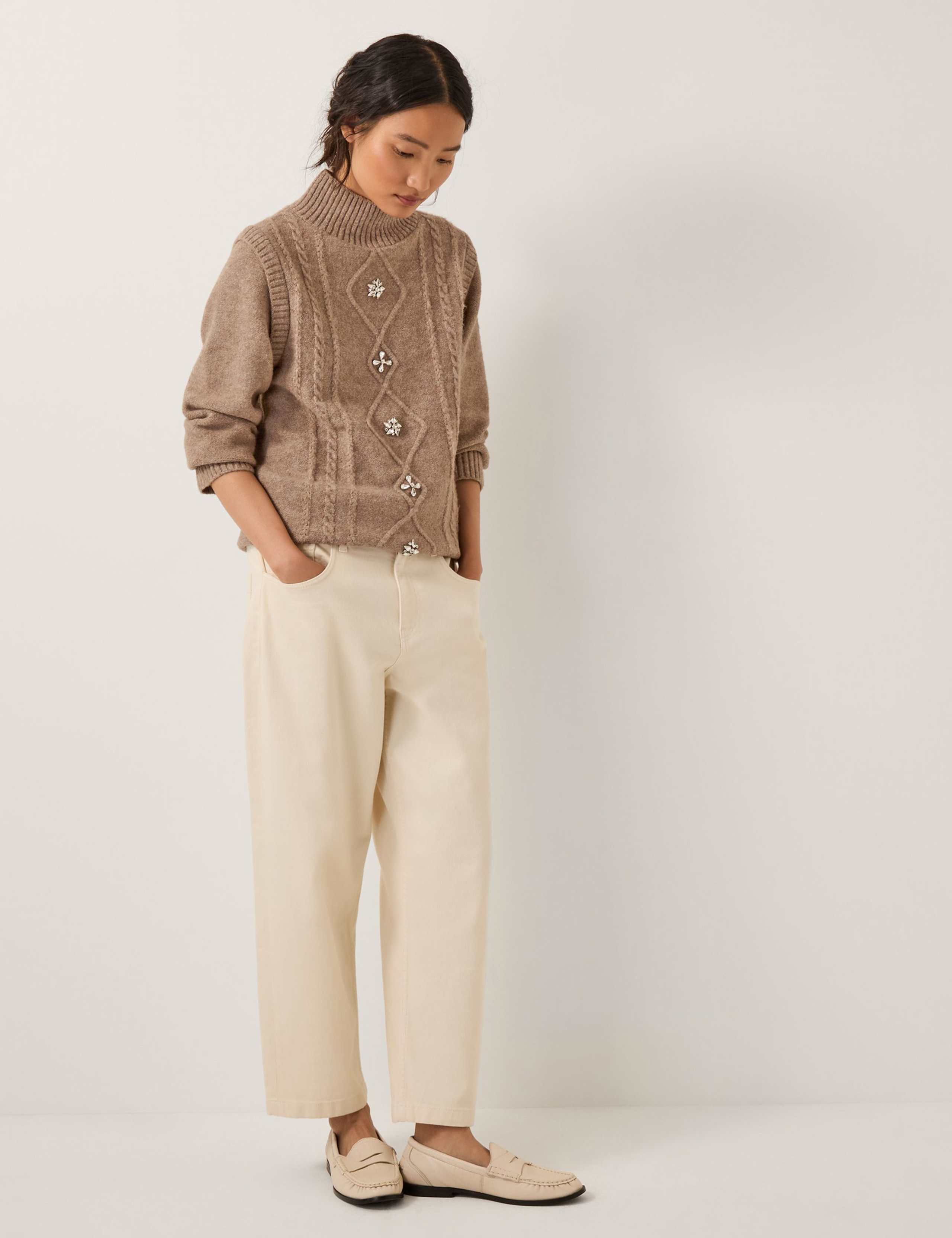 Cable Knit Embellished Funnel Neck Jumper