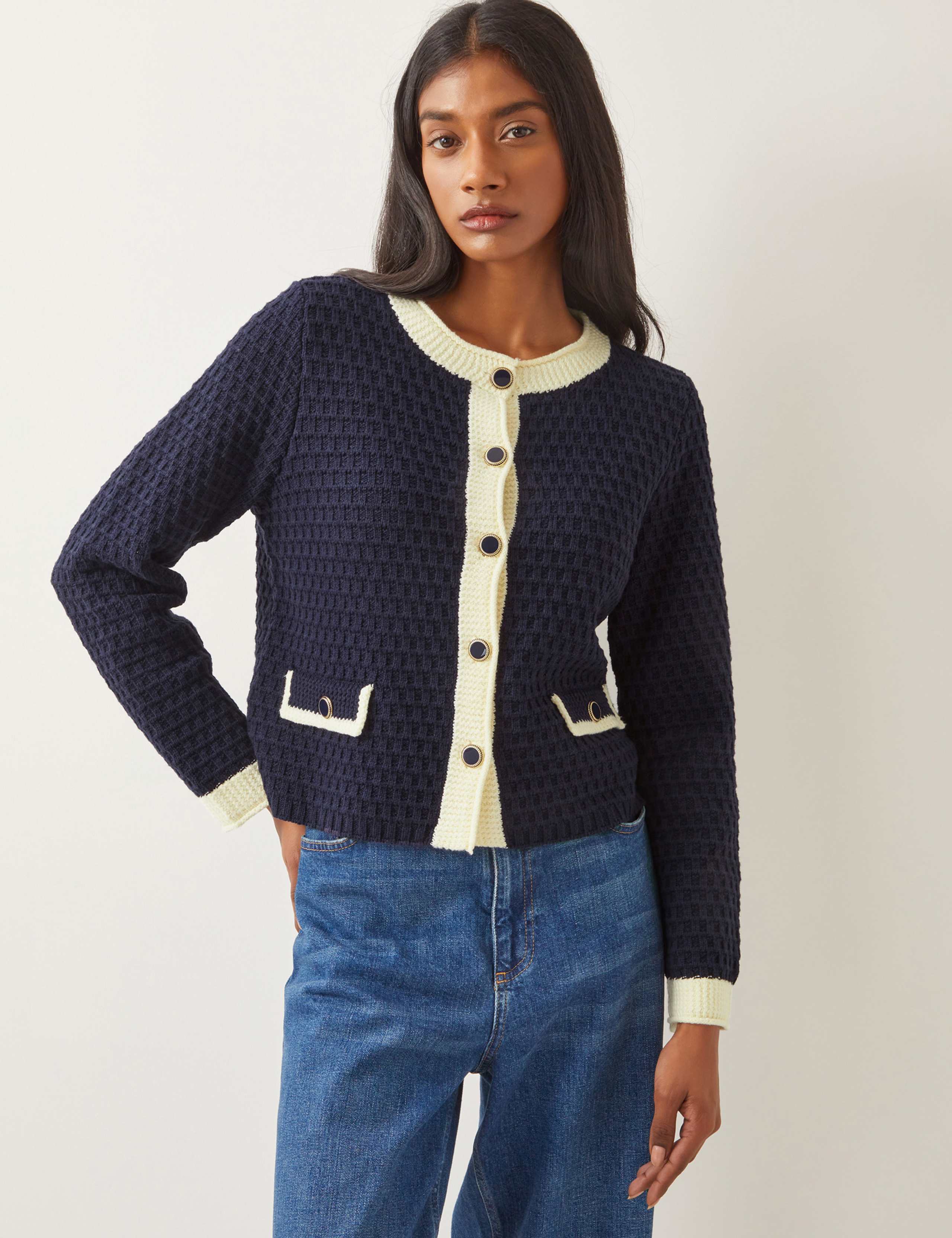 Cotton Rich Textured Collarless Knitted Jacket