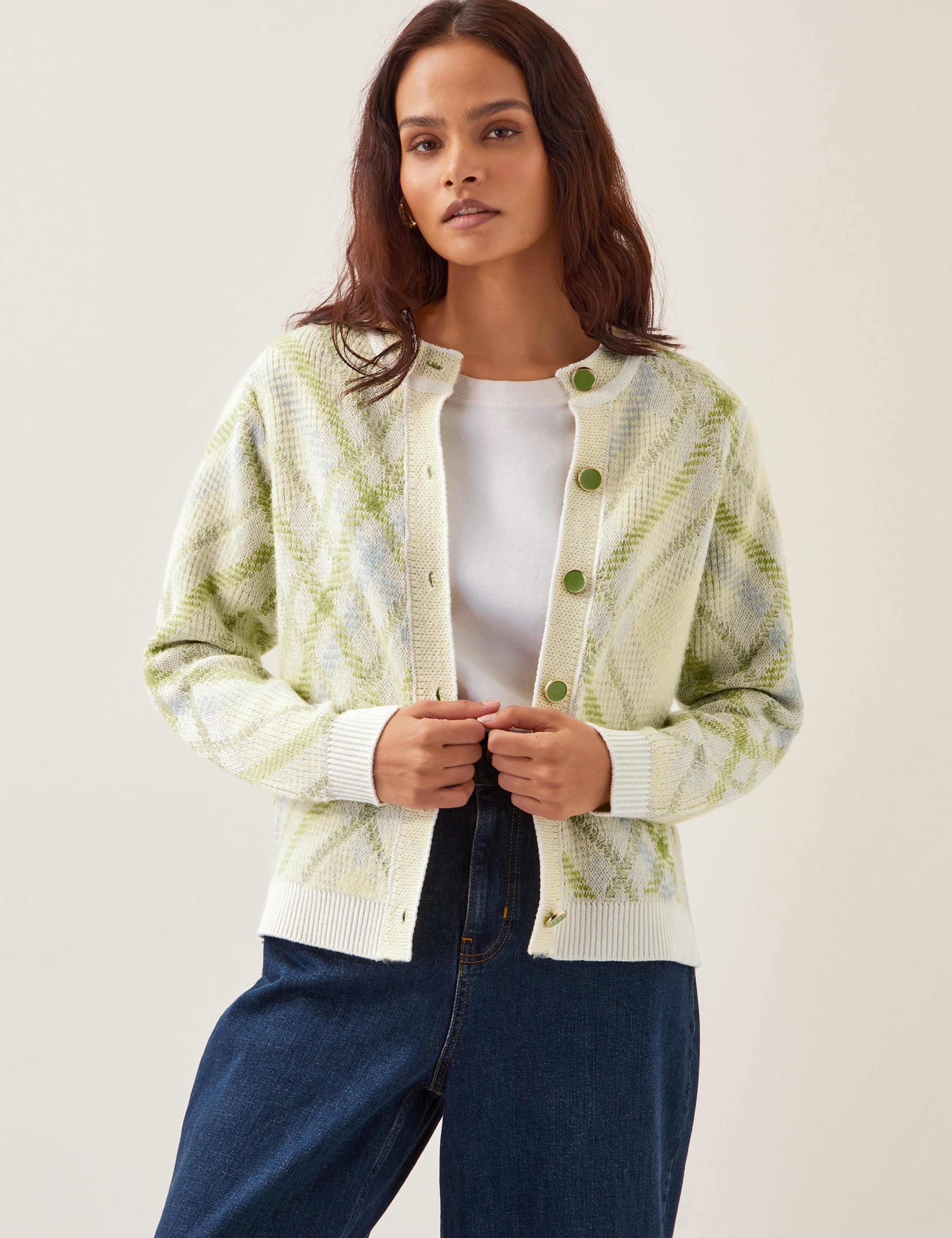Textured Argyle Crew Neck Cardigan with Wool