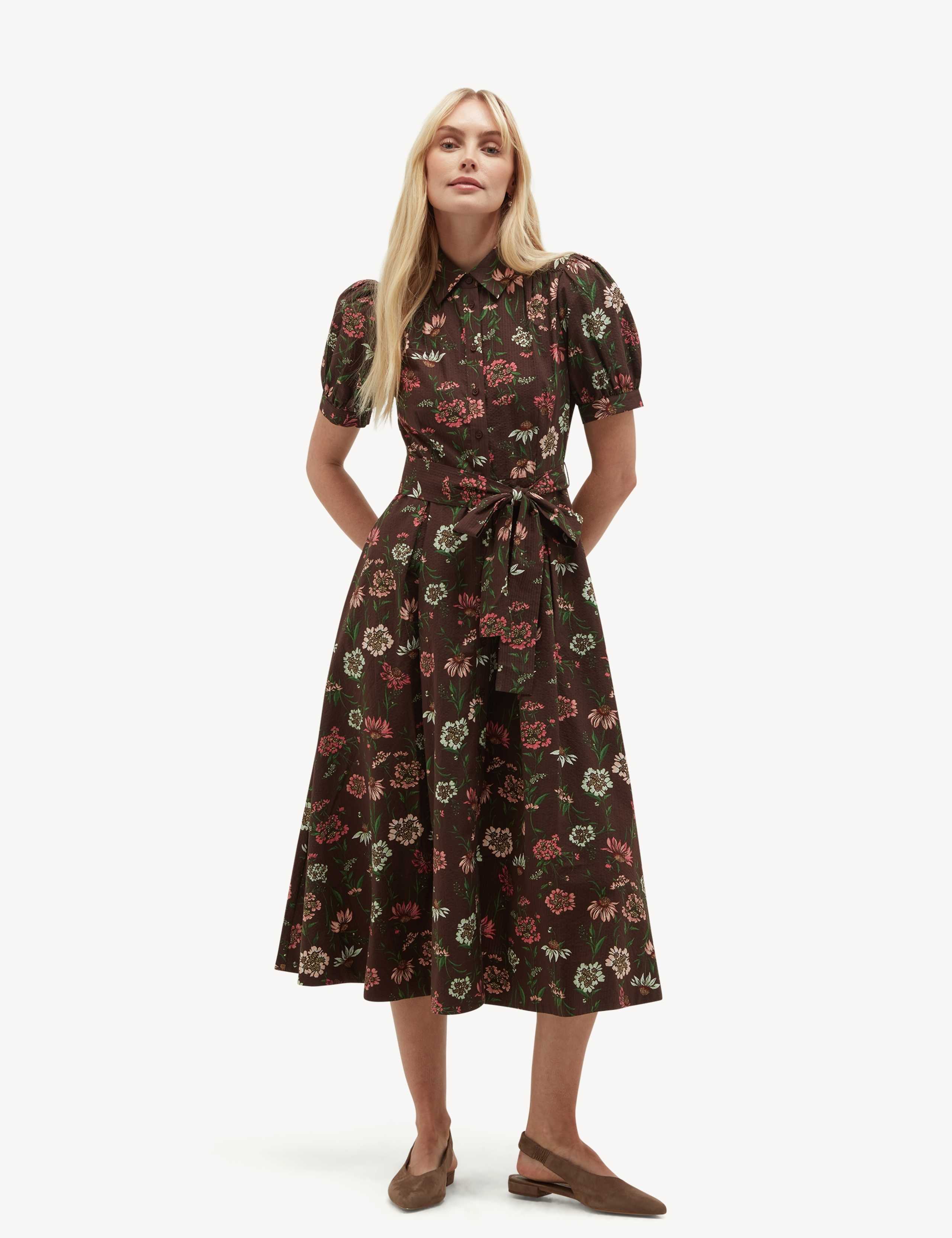 Pure Cotton Floral Midi Shirt Dress