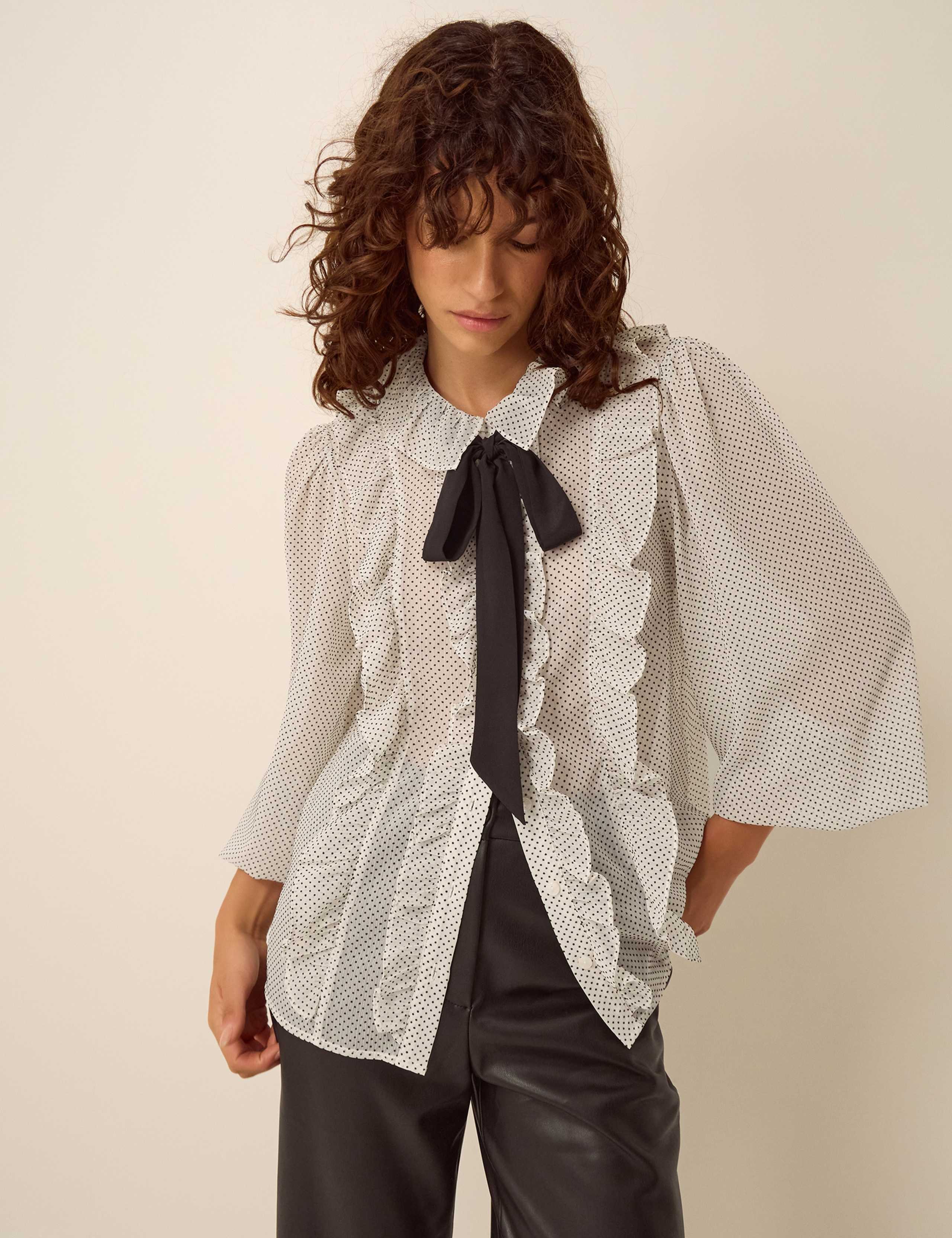 Polka Dot Collared Tie Neck Ruffle Blouse