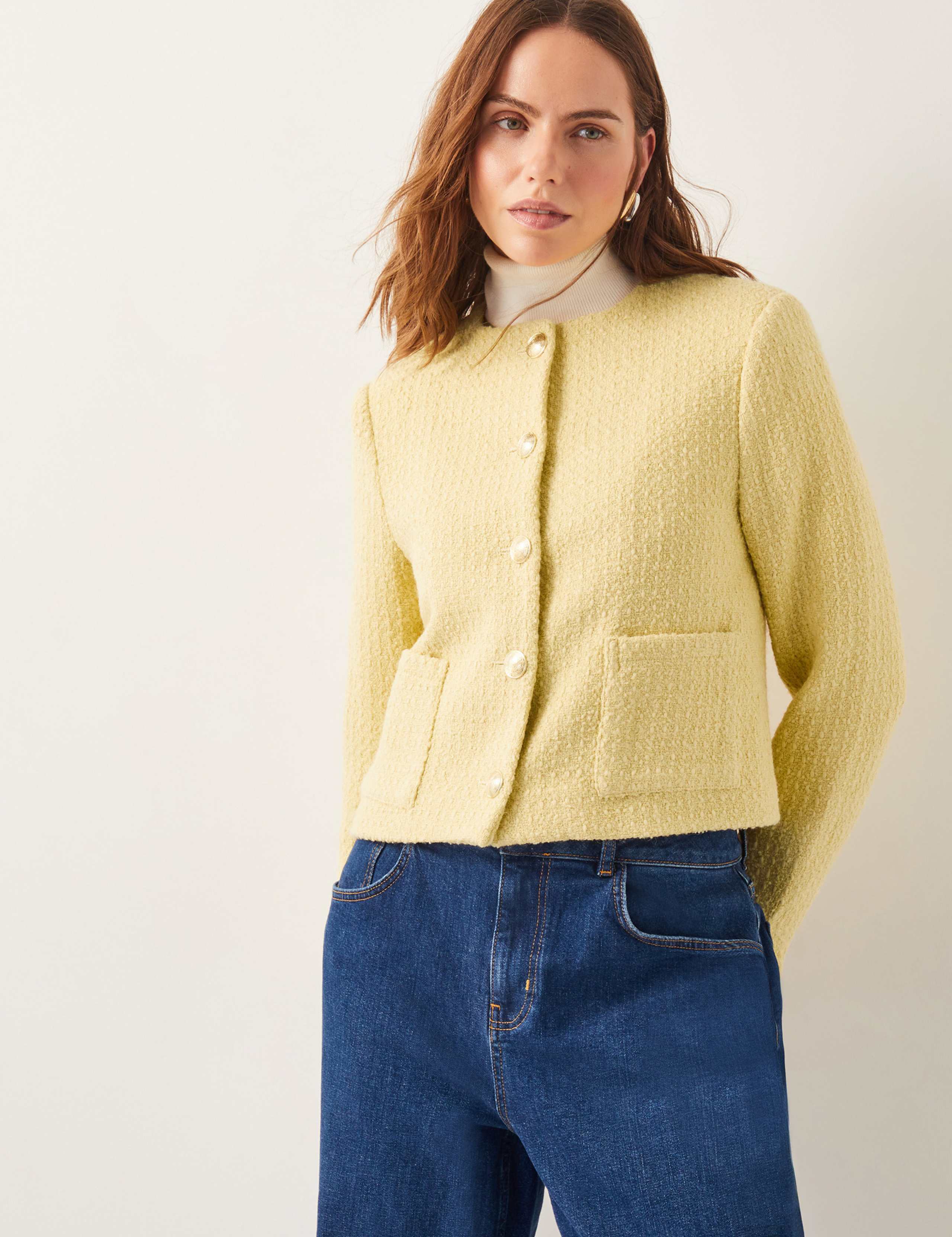 Tweed Textured Collarless Jacket with Wool