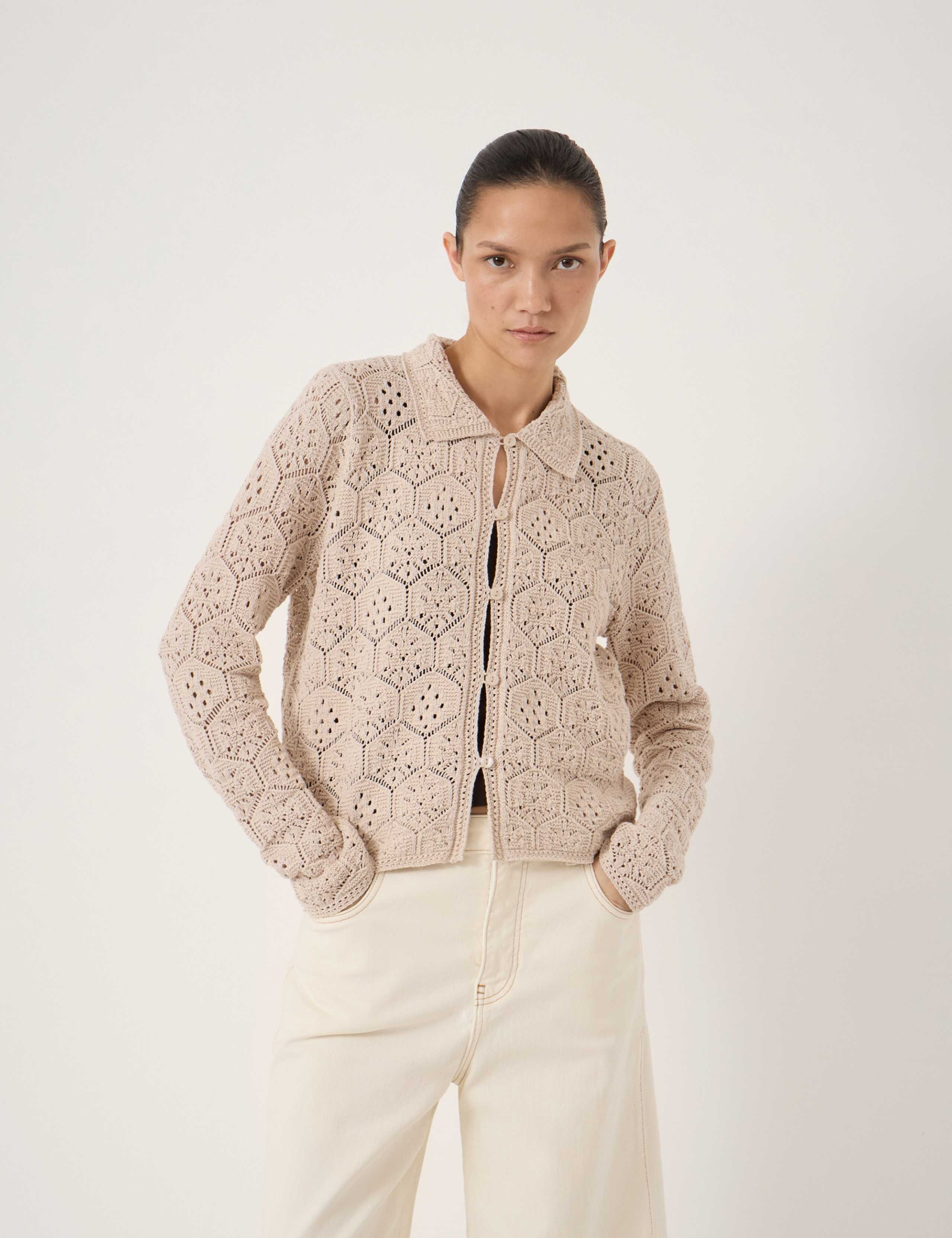 Pure Cotton Open Knit Collared Cardigan