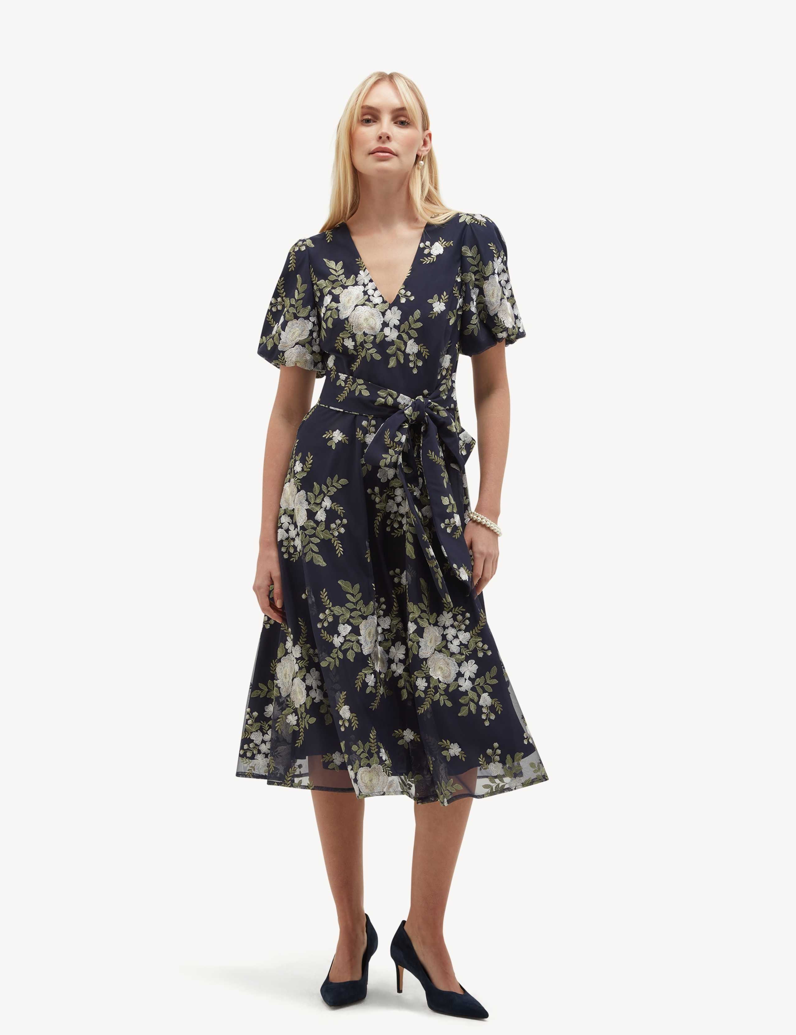 Embroidered Floral V-Neck Midi Skater Dress