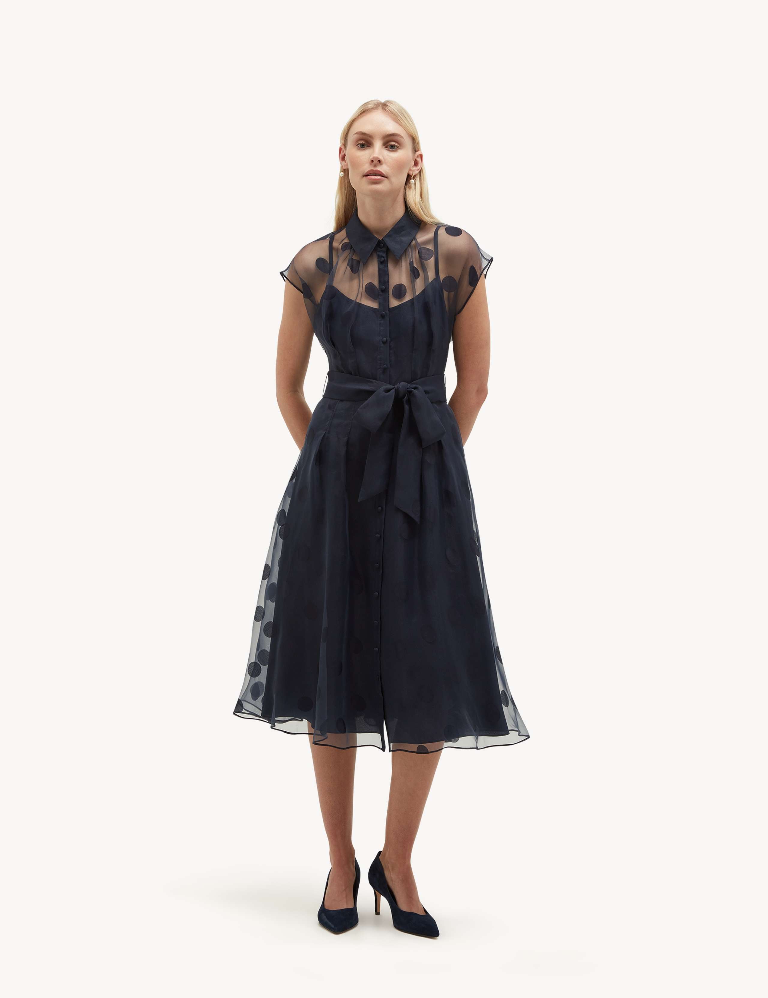 Sheer Polka Dot Knee Length Shirt Dress