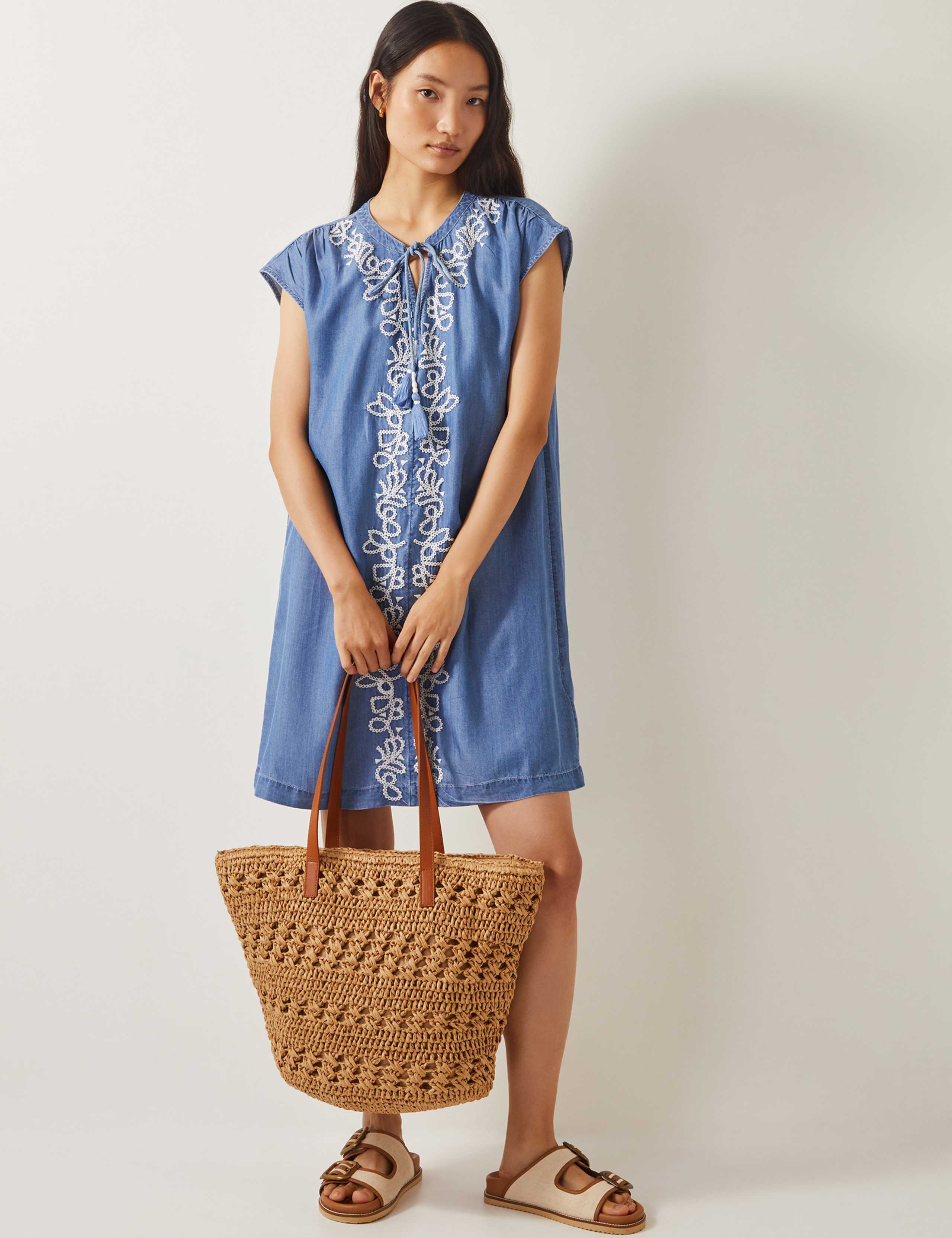 Pure Lyocell Embroidered Tie Neck Mini Dress