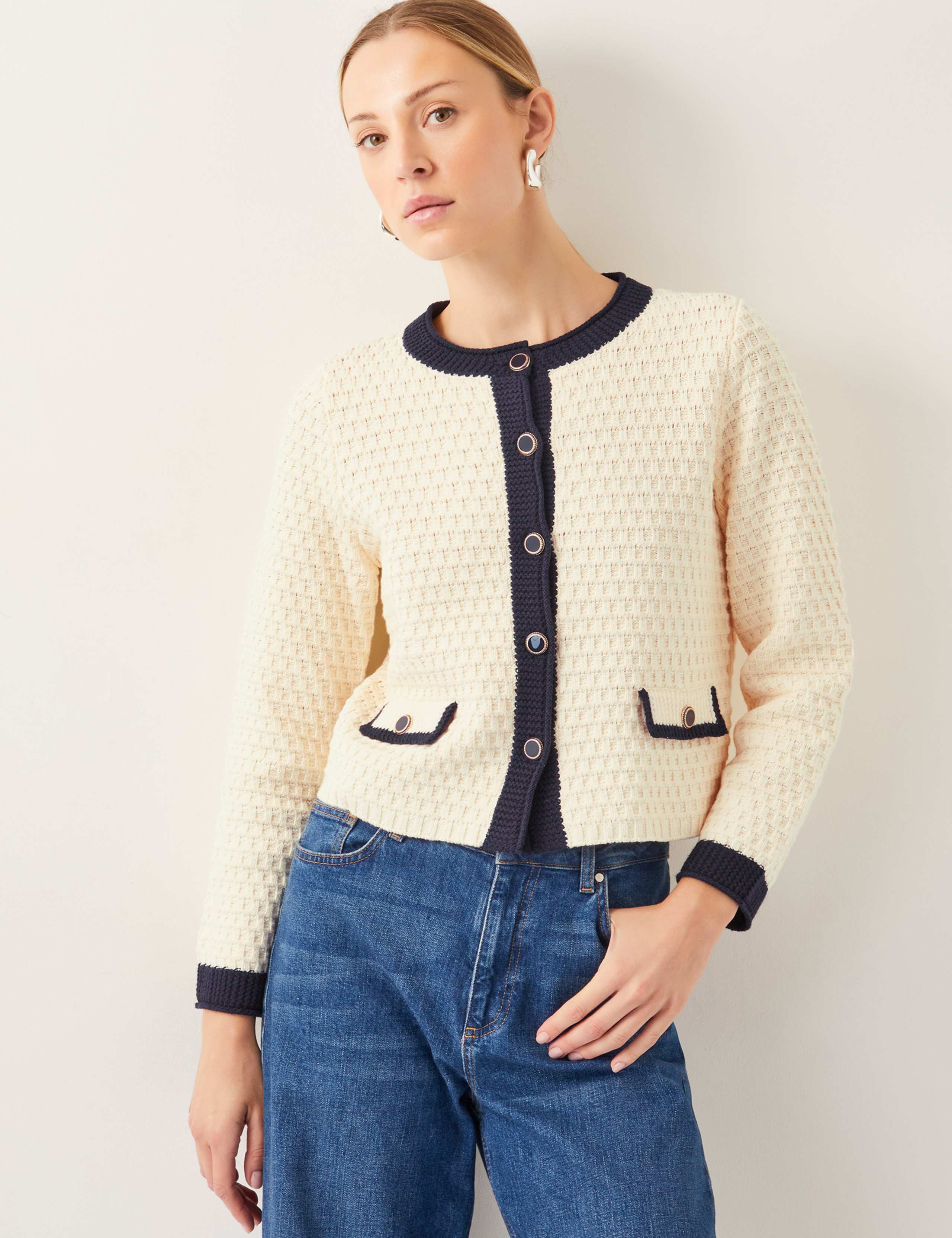 Cotton Rich Textured Collarless Knitted Jacket