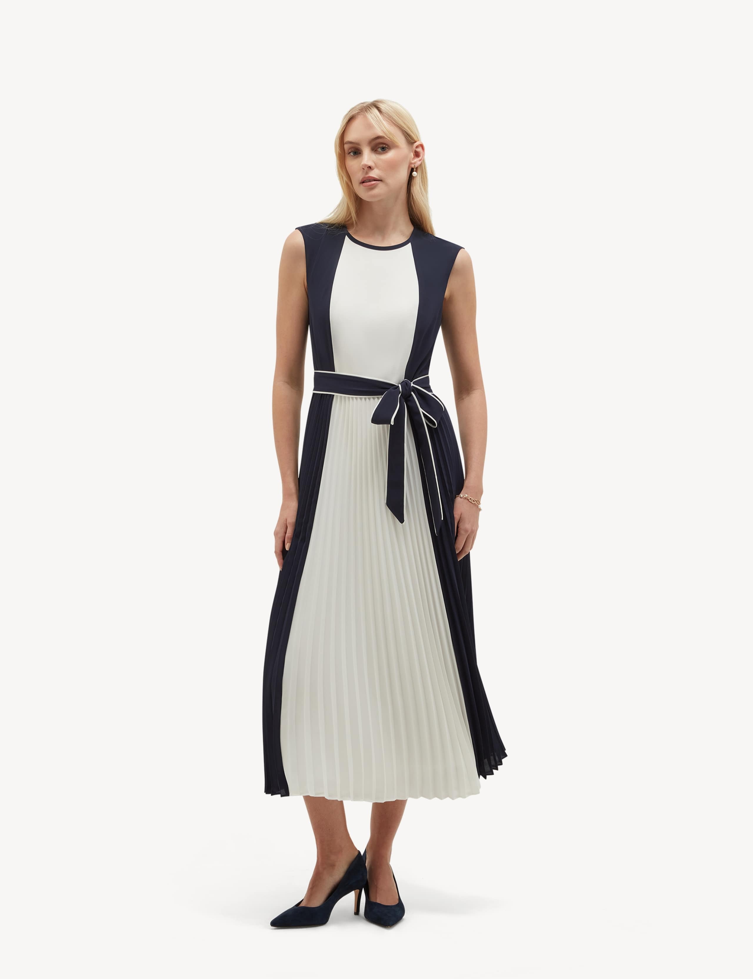 Colour Block Tie Waist Midi Skater Dress