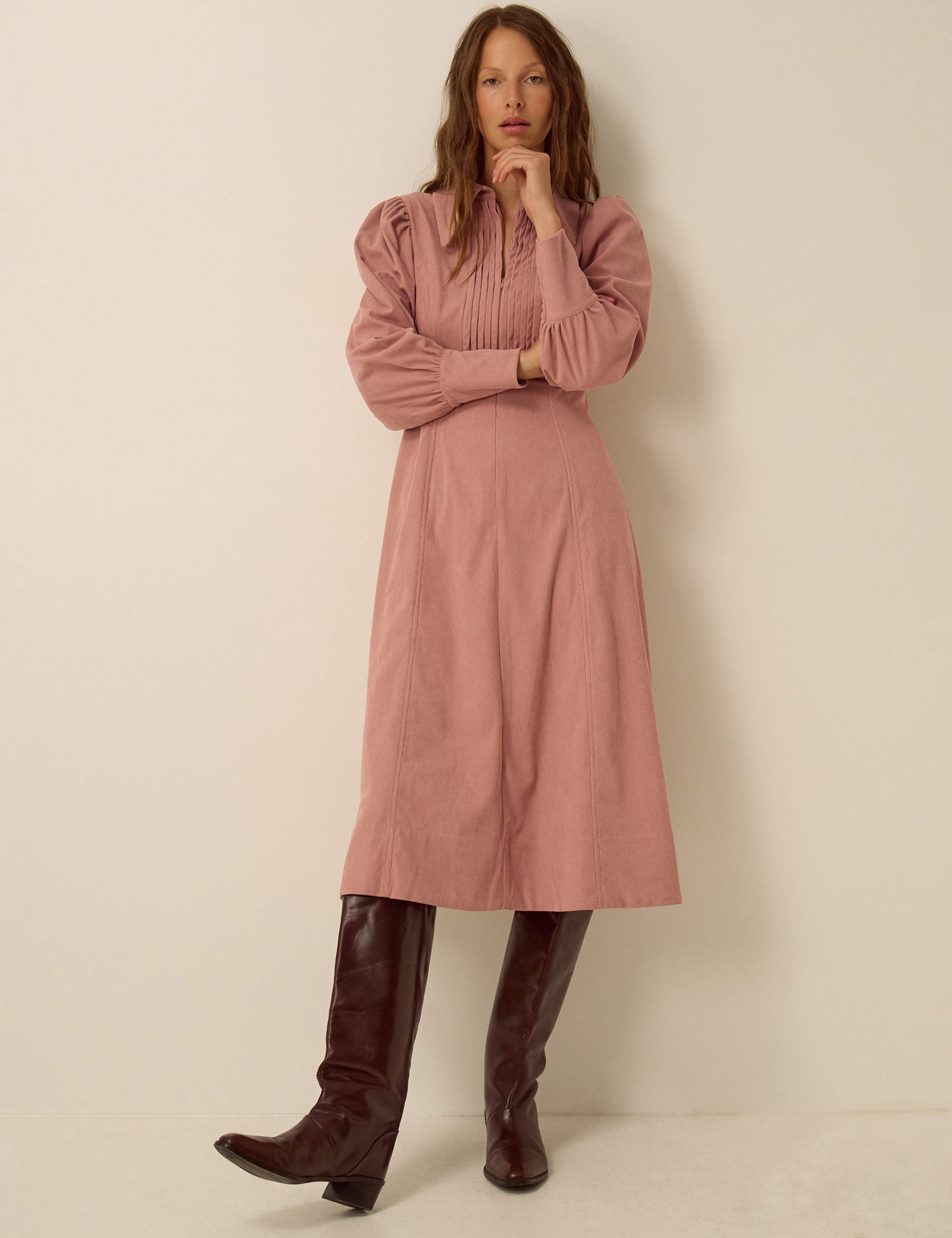 Cord Blouson Sleeve Midi Shirt Dress