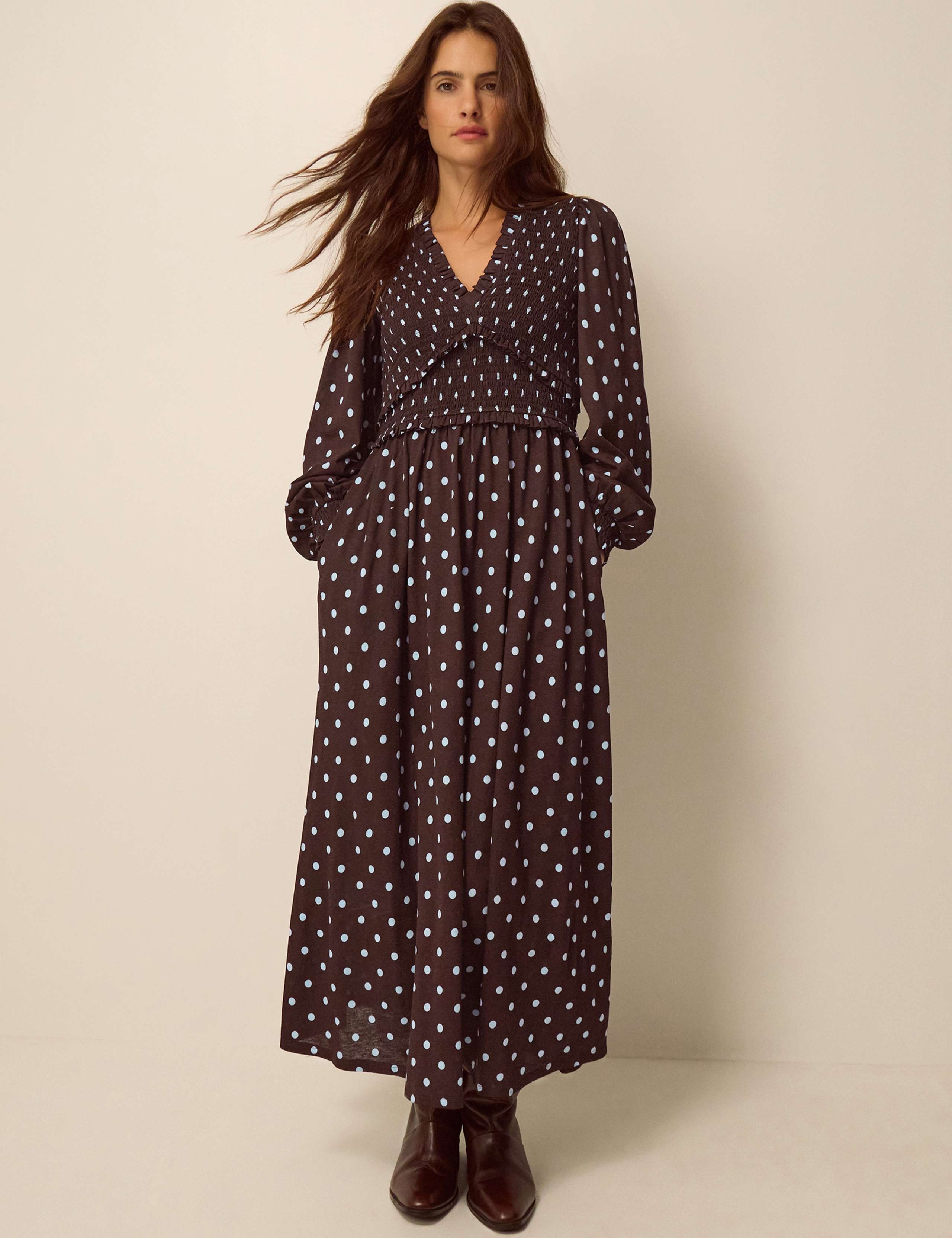Jersey Polka Dot V-Neck Midi Skater Dress