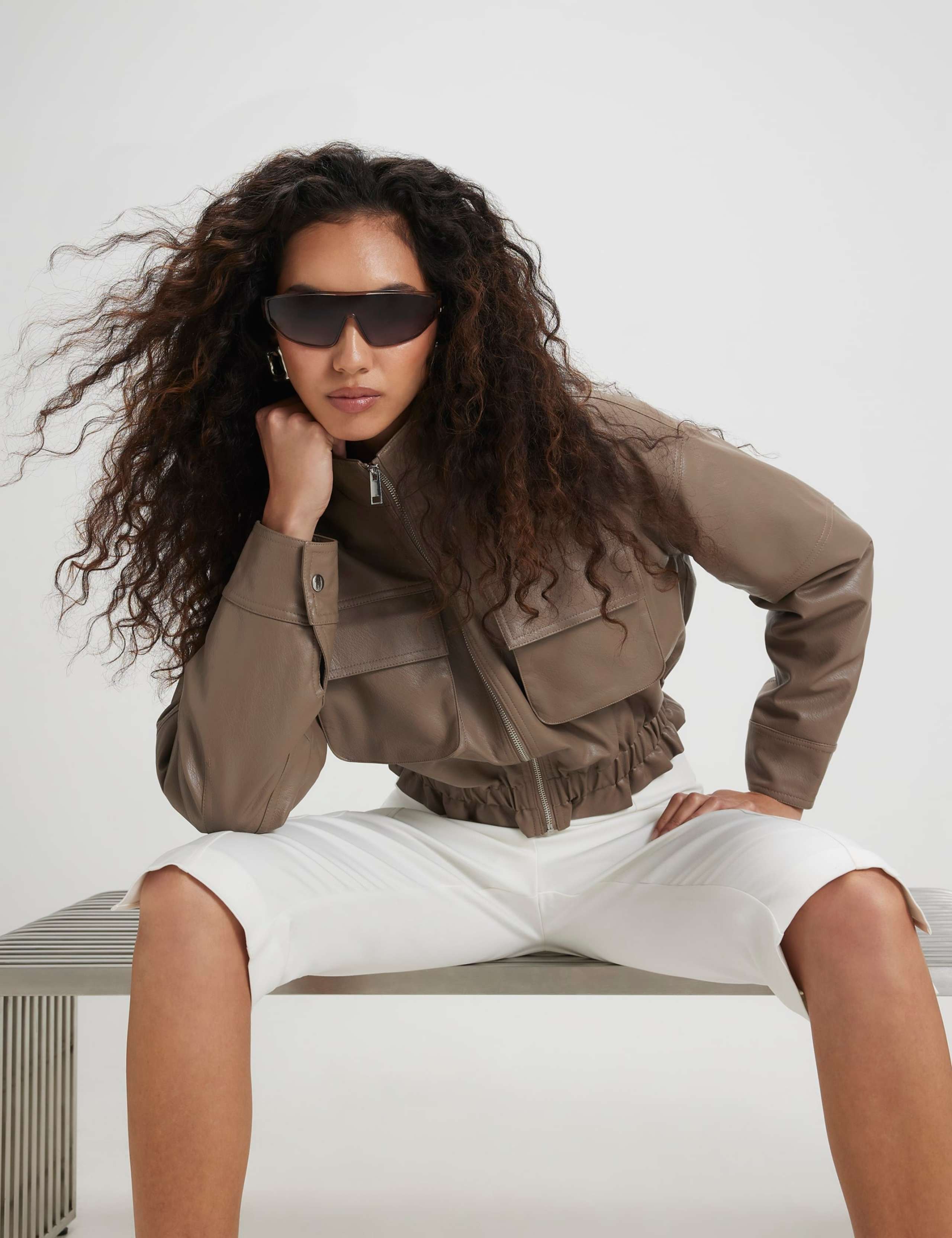 Faux Leather Funnel Neck Jacket