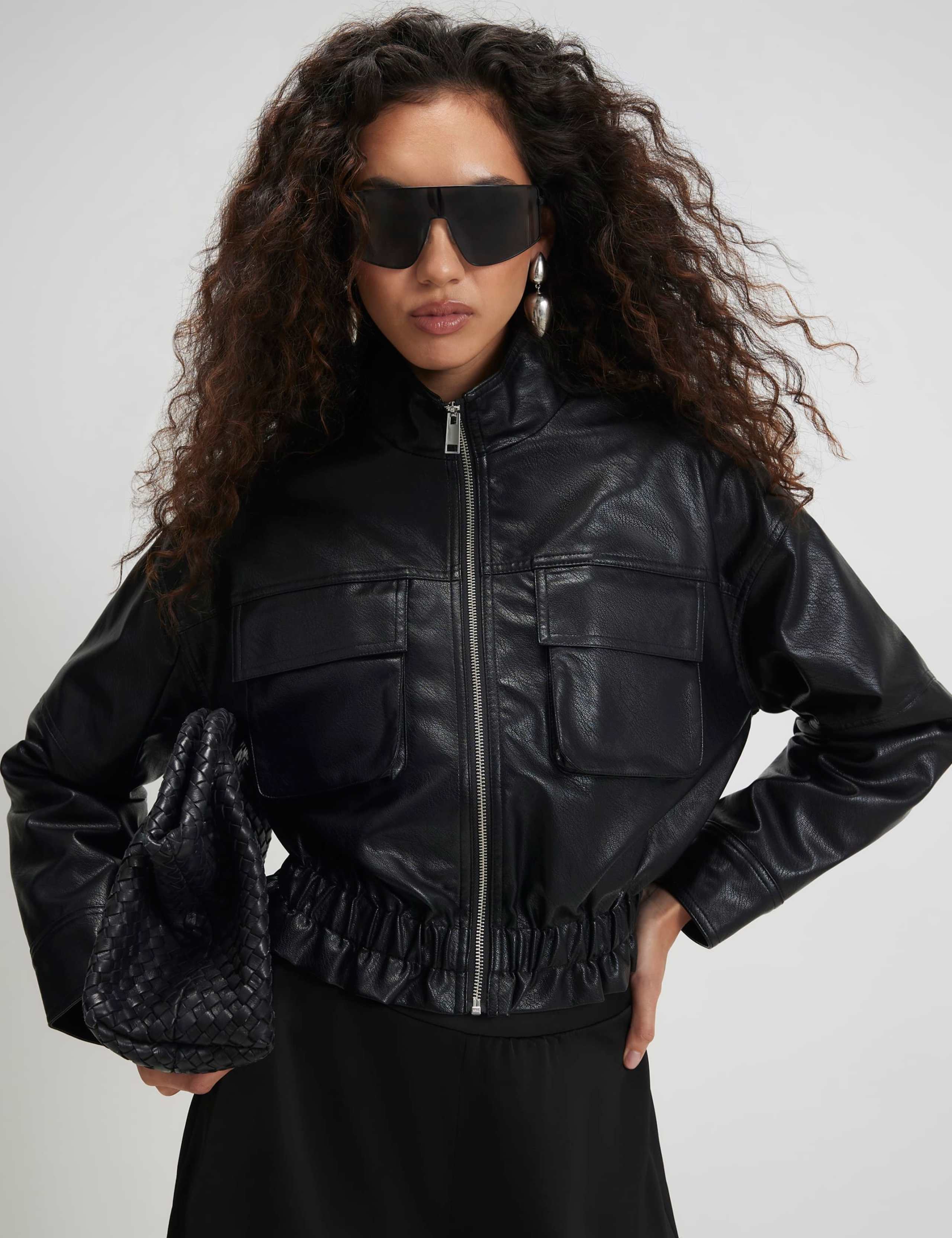 Faux Leather Funnel Neck Jacket