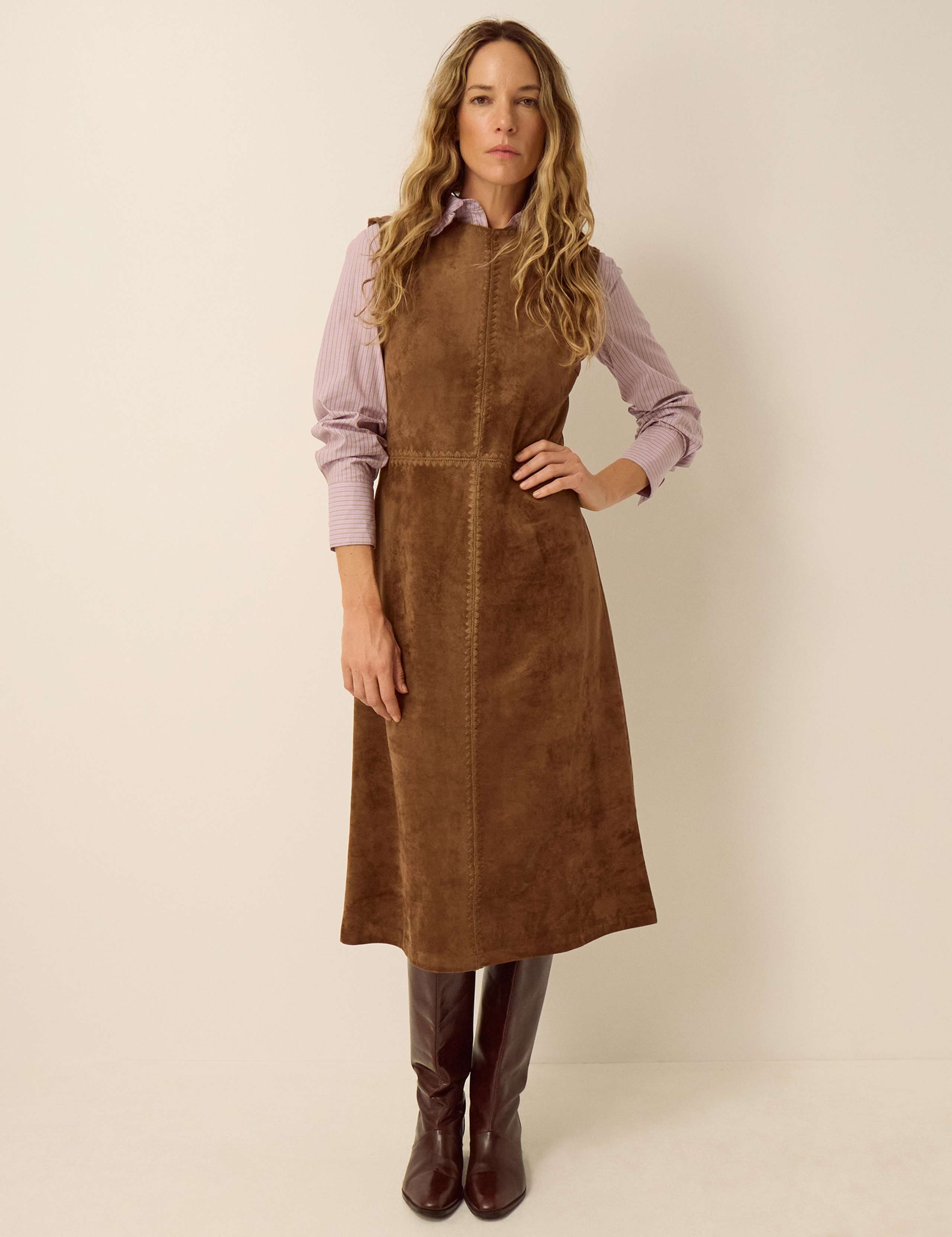 Faux Suede Midi Pinafore Dress