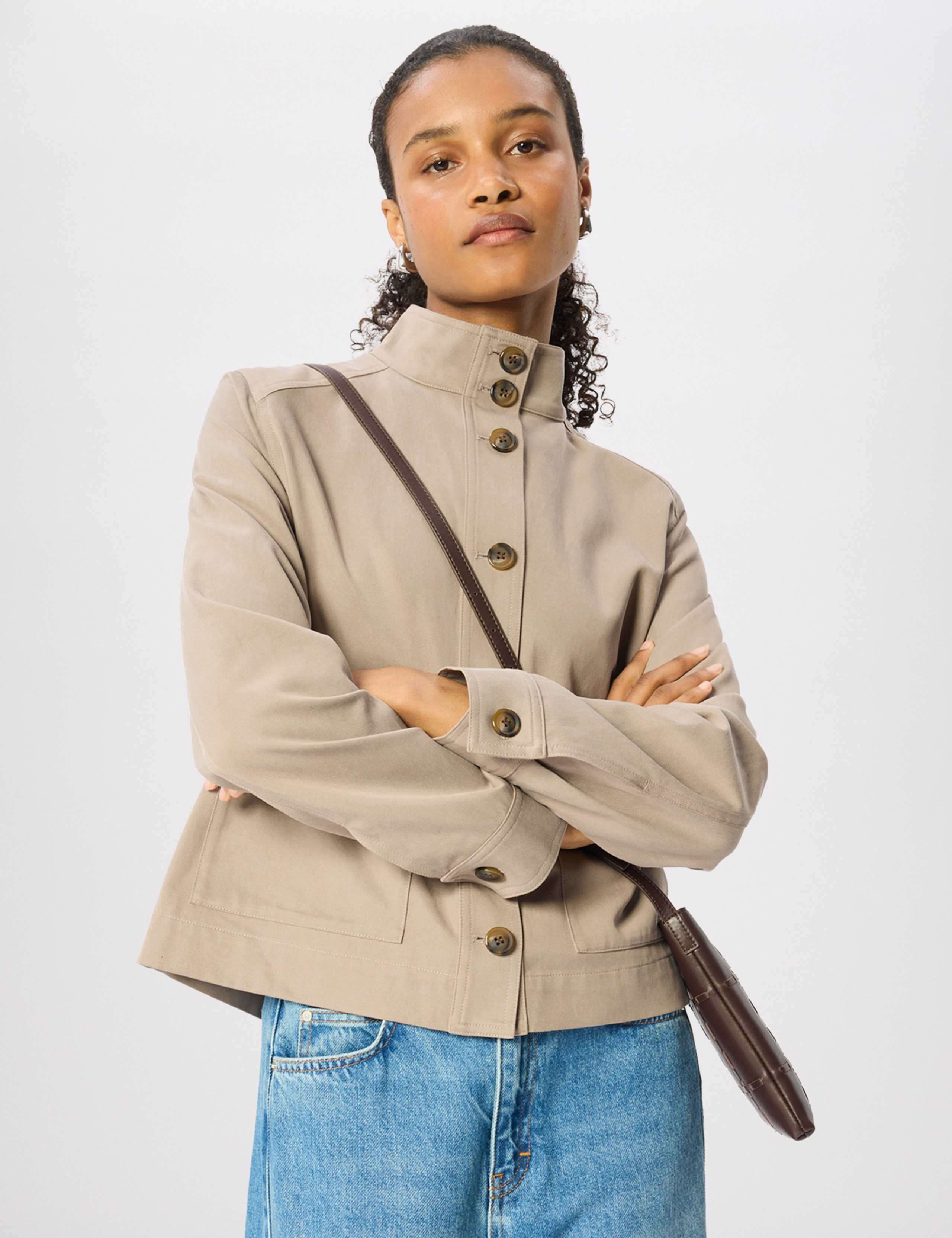 Cotton Rich Funnel Neck Short Jacket