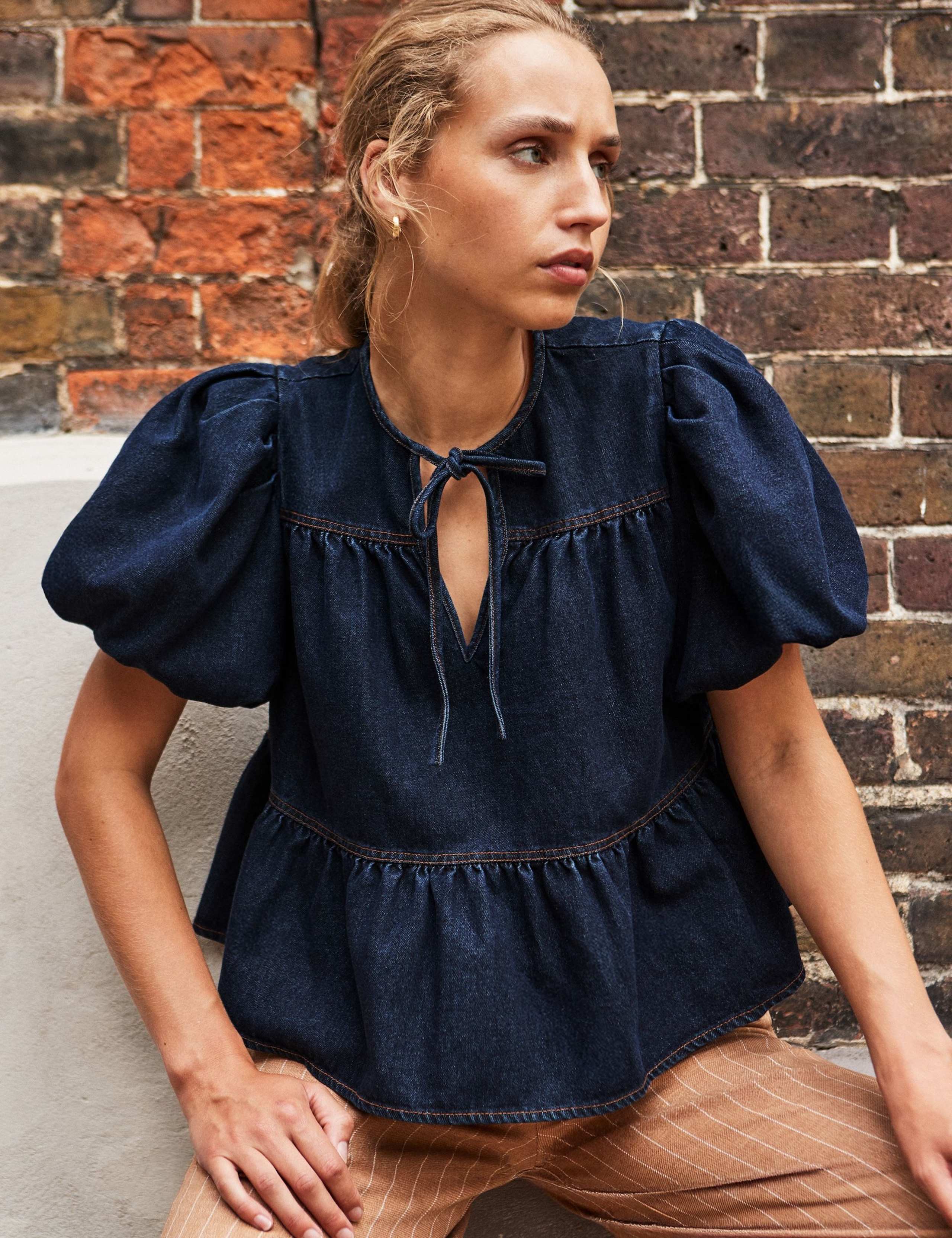 Denim Puff Sleeve Tie Neck Blouse