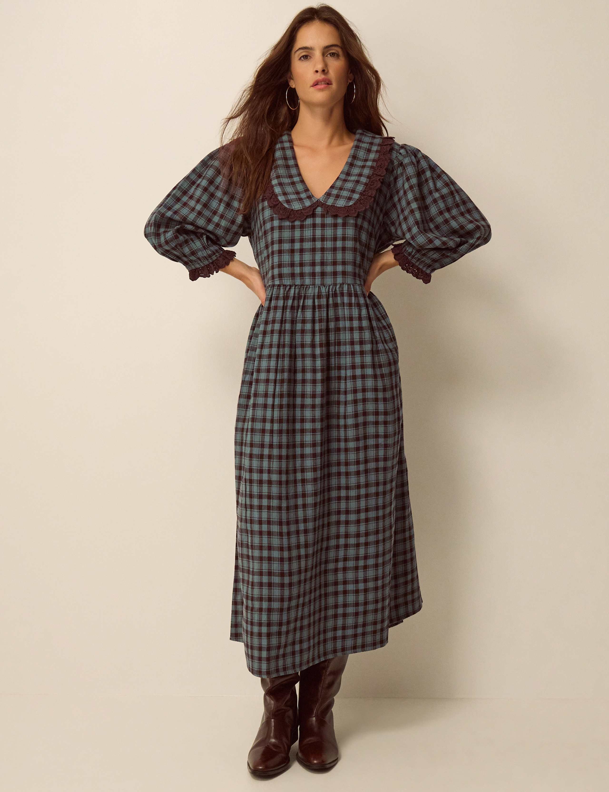 Checked V-Neck Puff Sleeve Midi Skater Dress