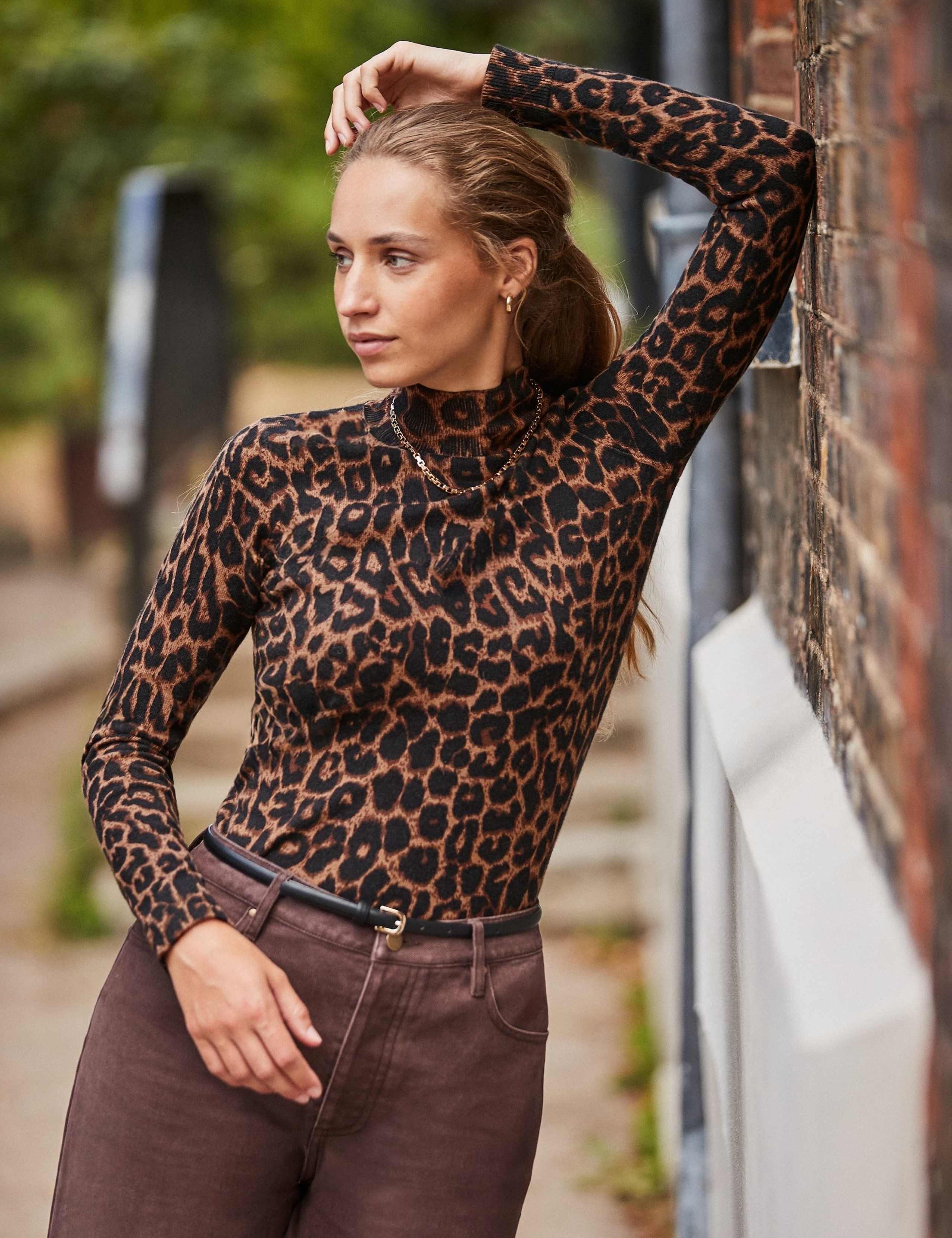 Cotton Rich Leopard Print High Neck Top