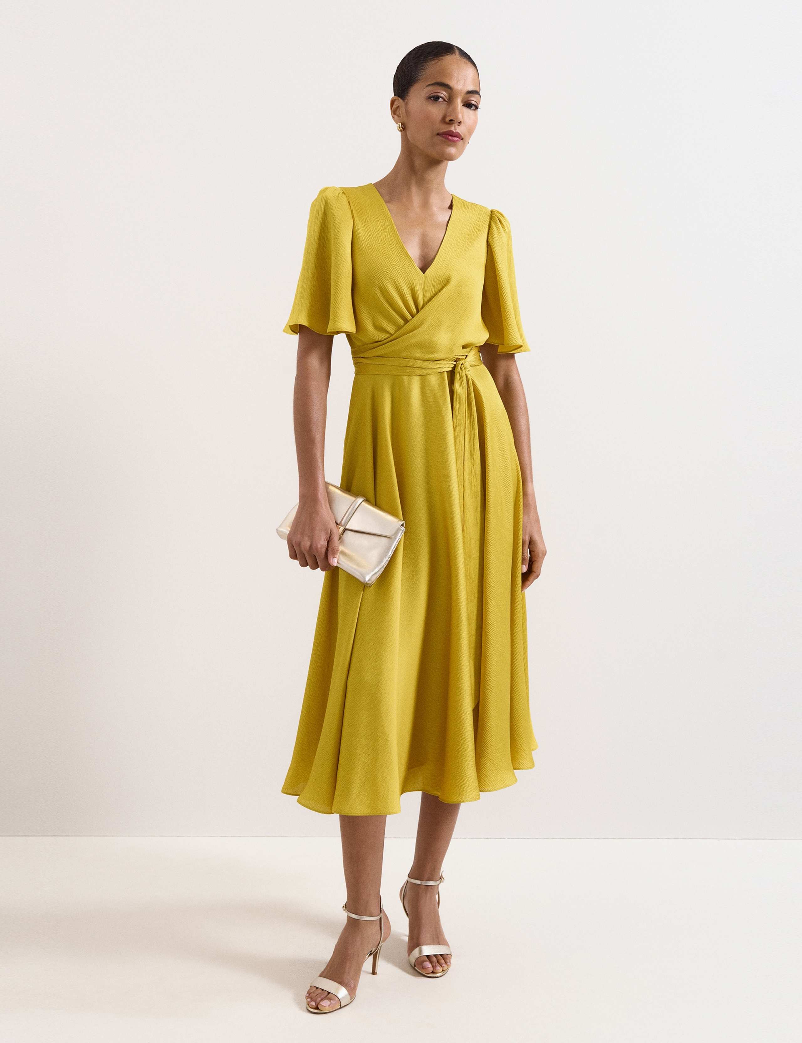 V-Neck Angel Sleeve Midi Wrap Dress