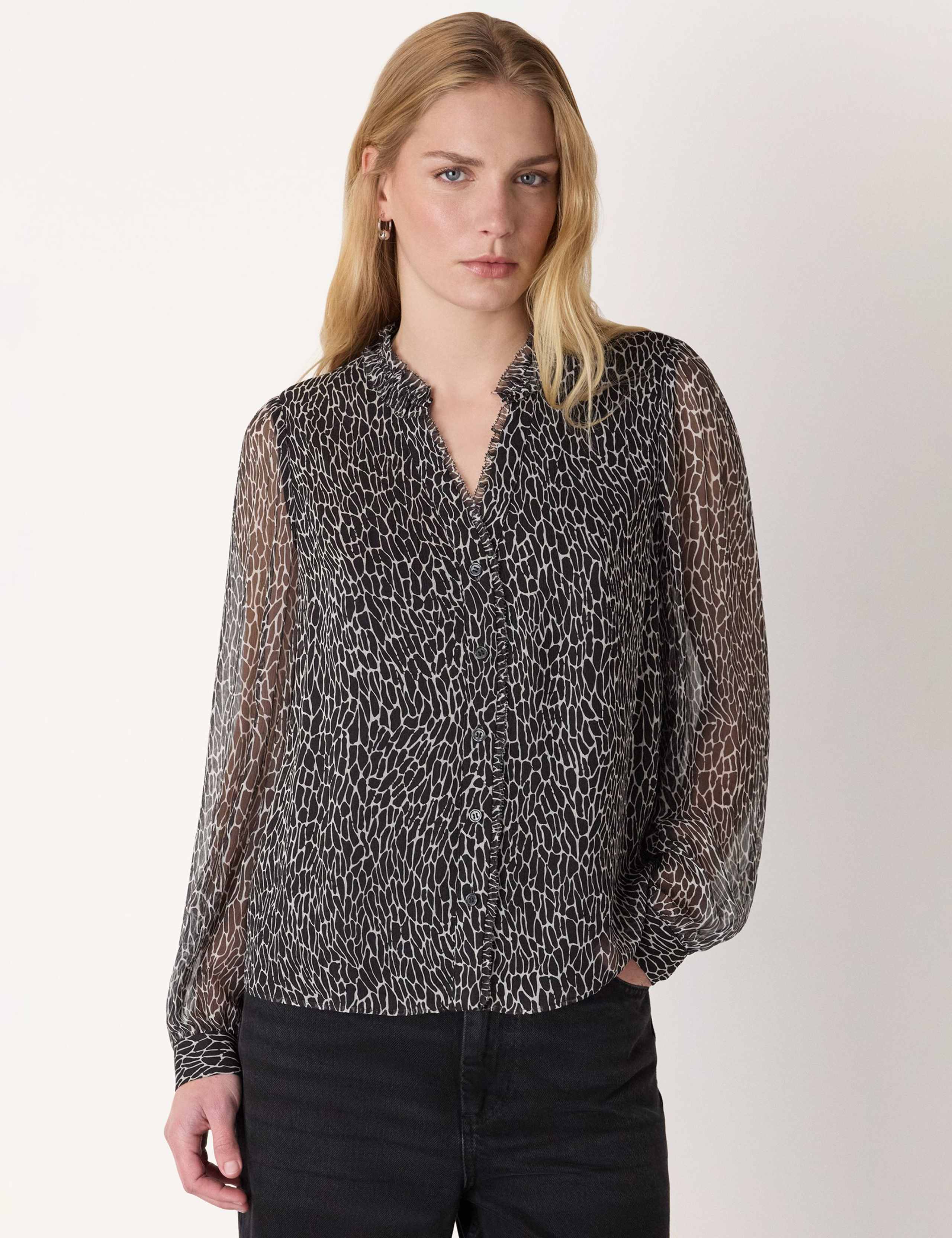 Animal Print Frill Detail Blouse