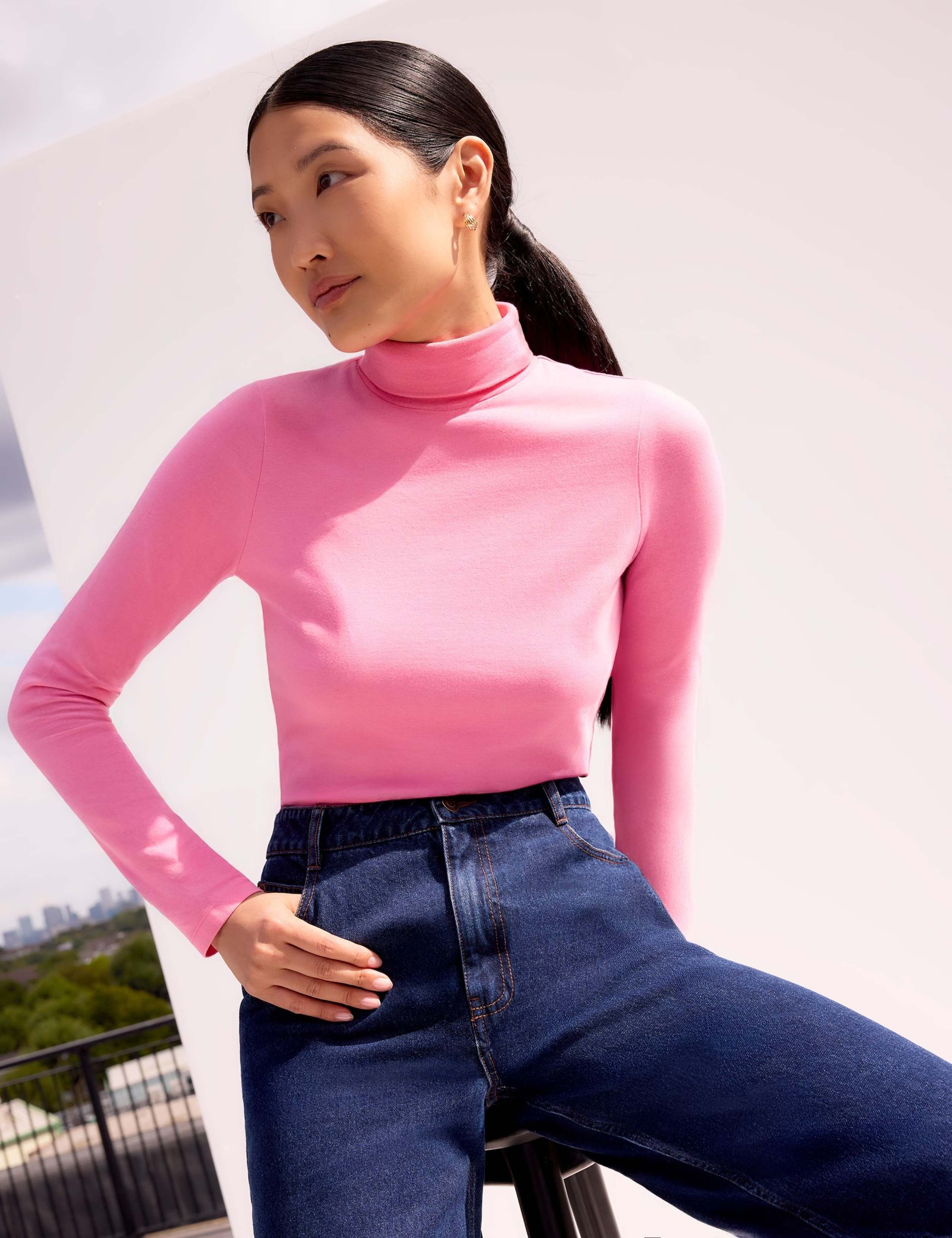Cotton Blend Roll Neck Top