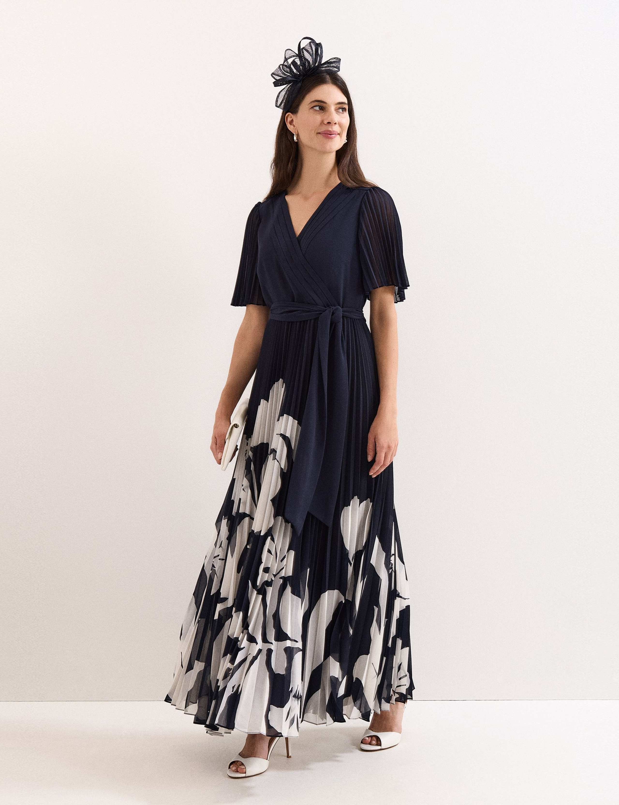 Floral Pleated V-Neck Maxi Wrap Dress