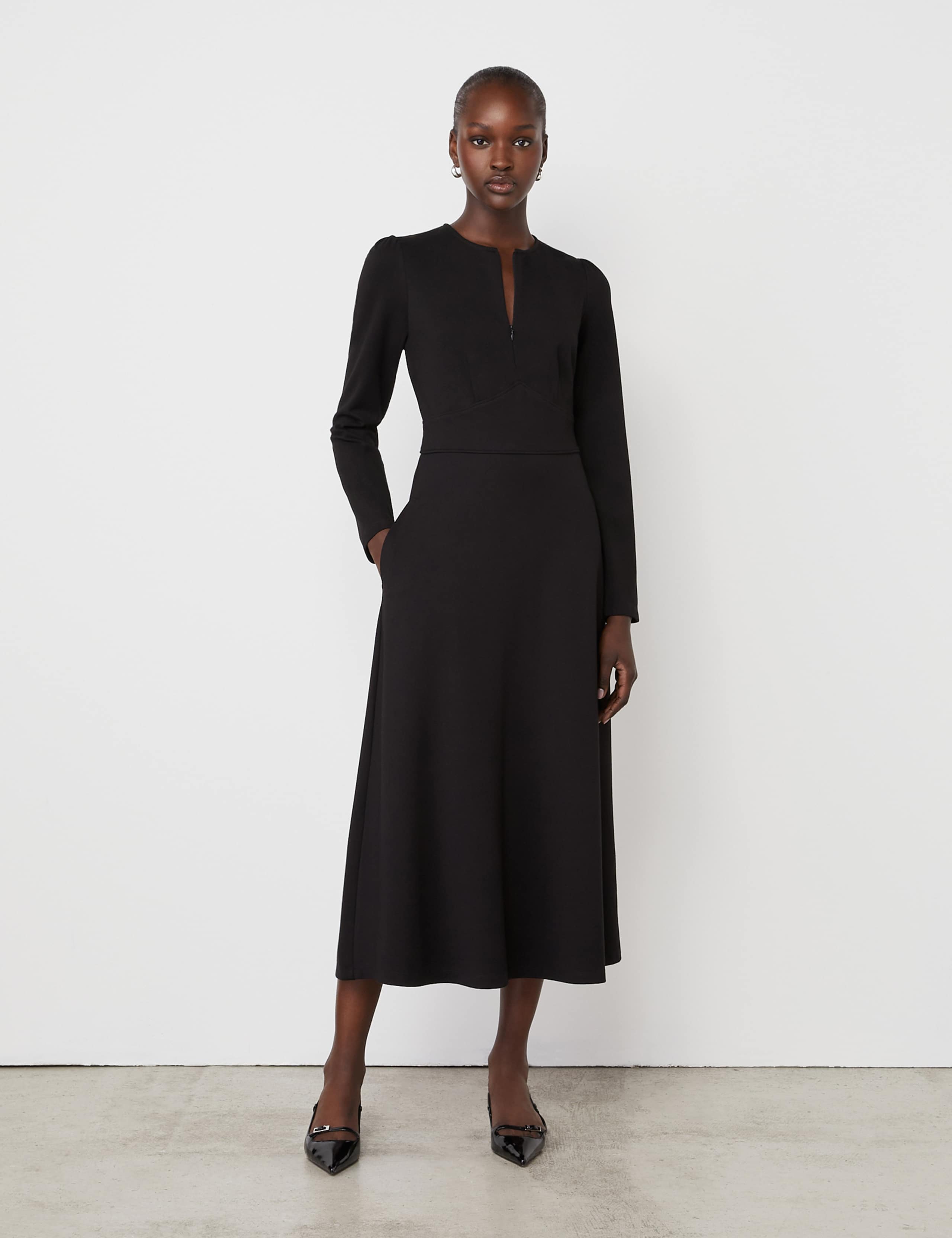 Ponte Jersey Zip Neck Midi Waisted Dress