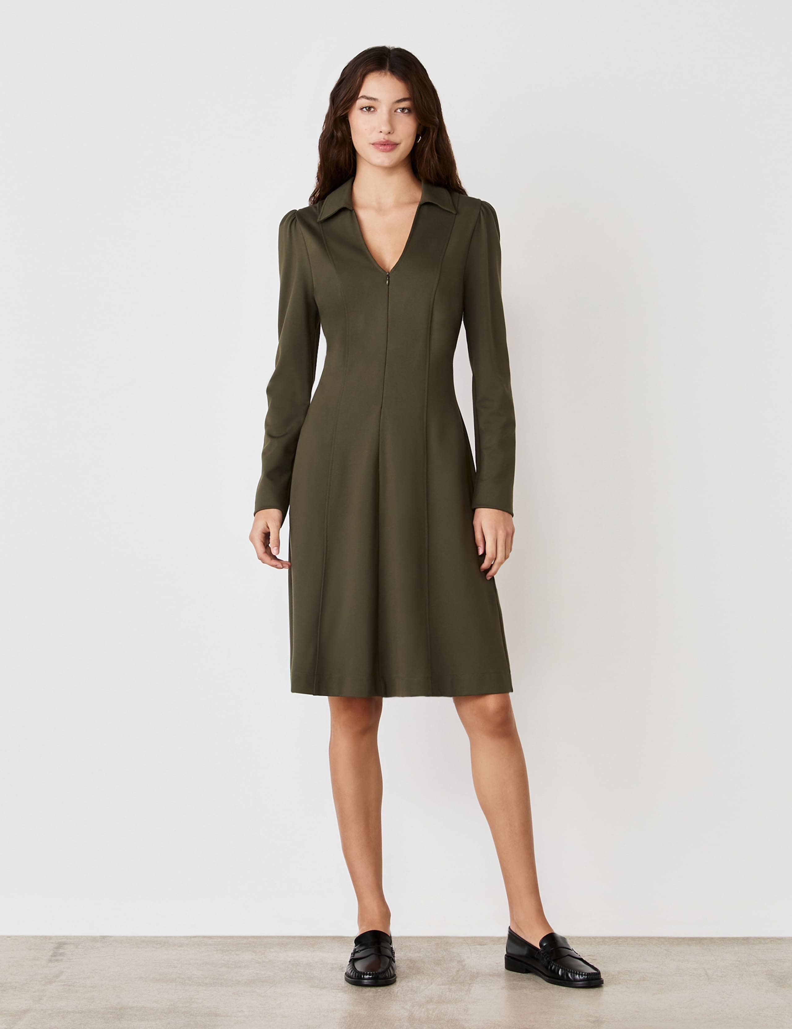 Ponte Jersey Collared Zip Front Knee Length Dress