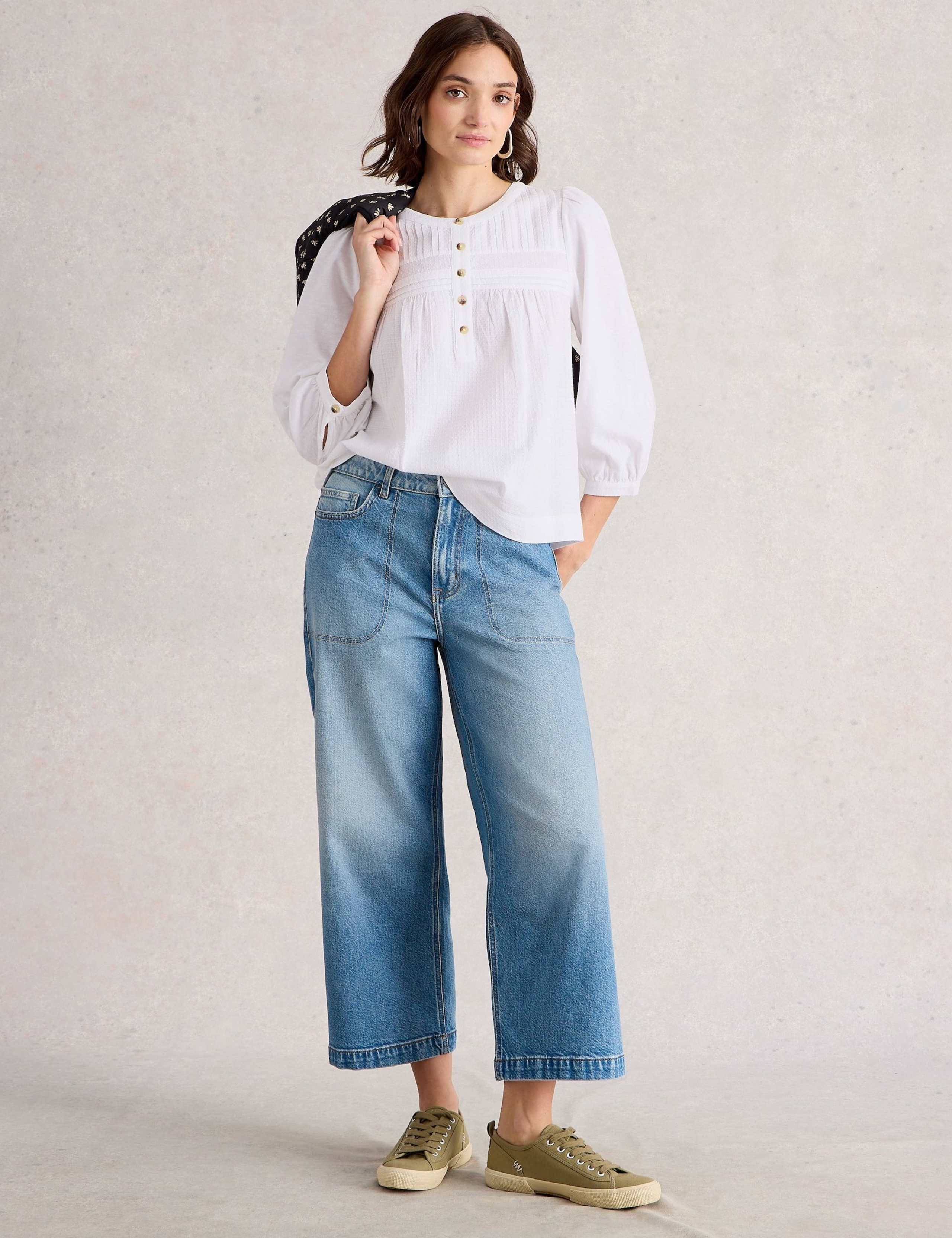 Pure Cotton Pintuck 3/4 Sleeve Blouse