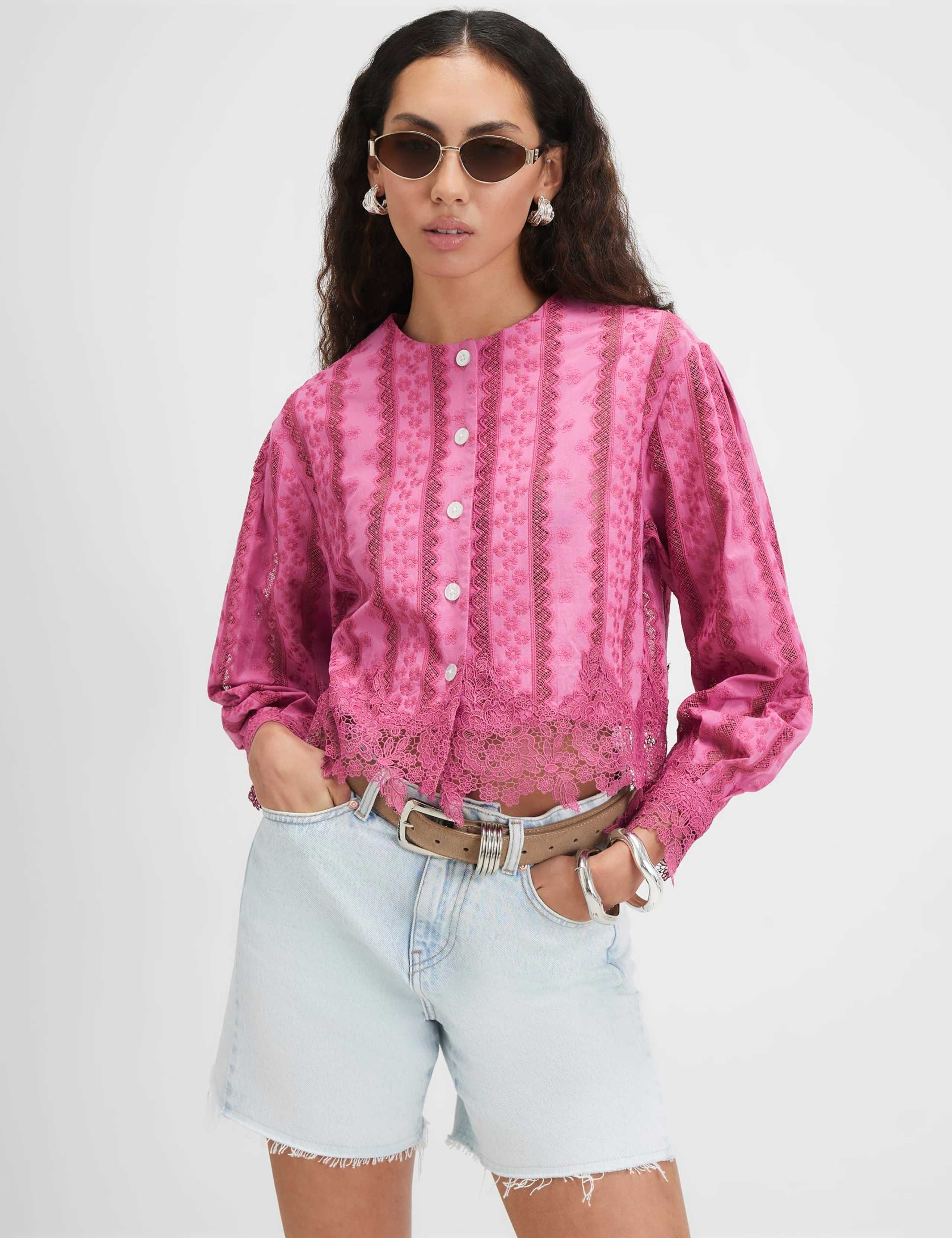 Cotton Blend Lace Trim Button Through Blouse