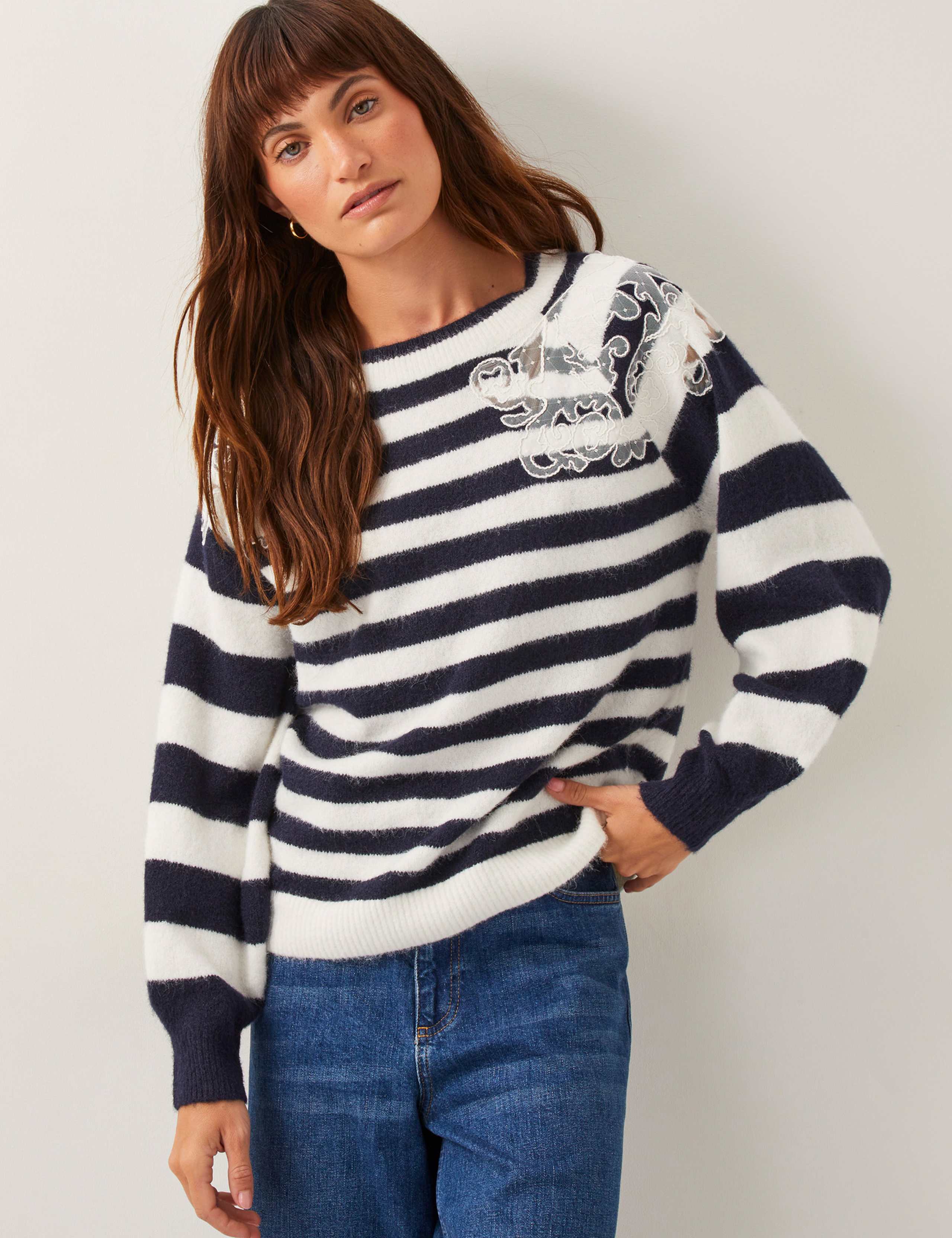 Striped Lace Detail Crew Neck Jumper