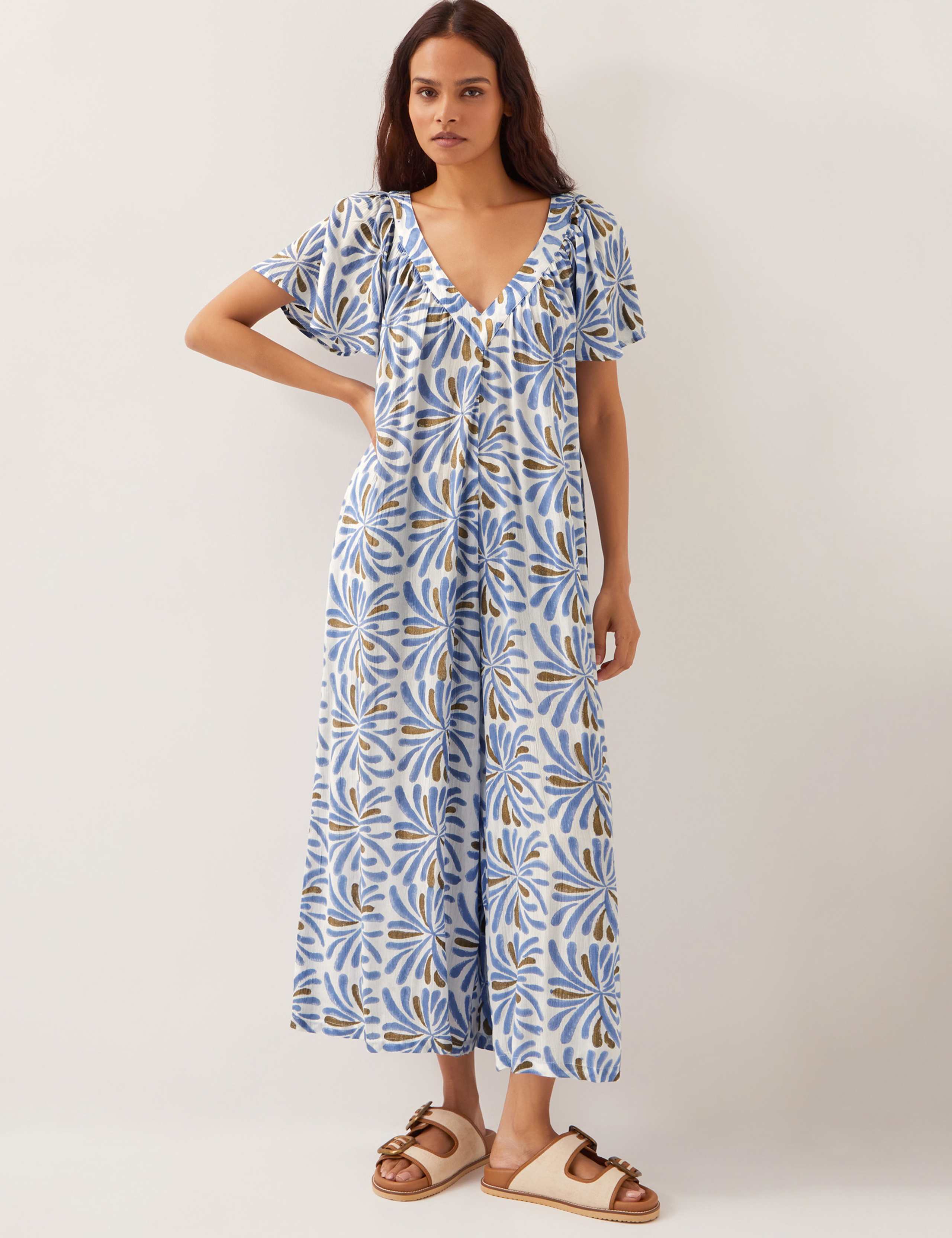 Printed V-Neck Wide Leg Jumpsuit
