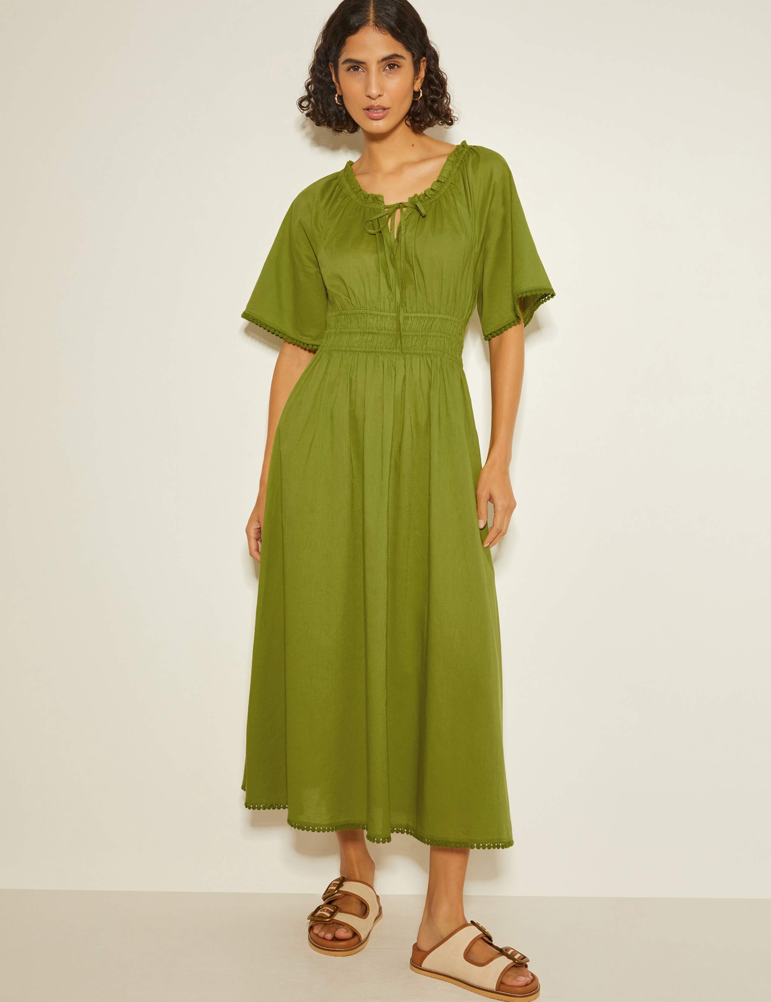 Pure Cotton Shirred Midi Skater Dress