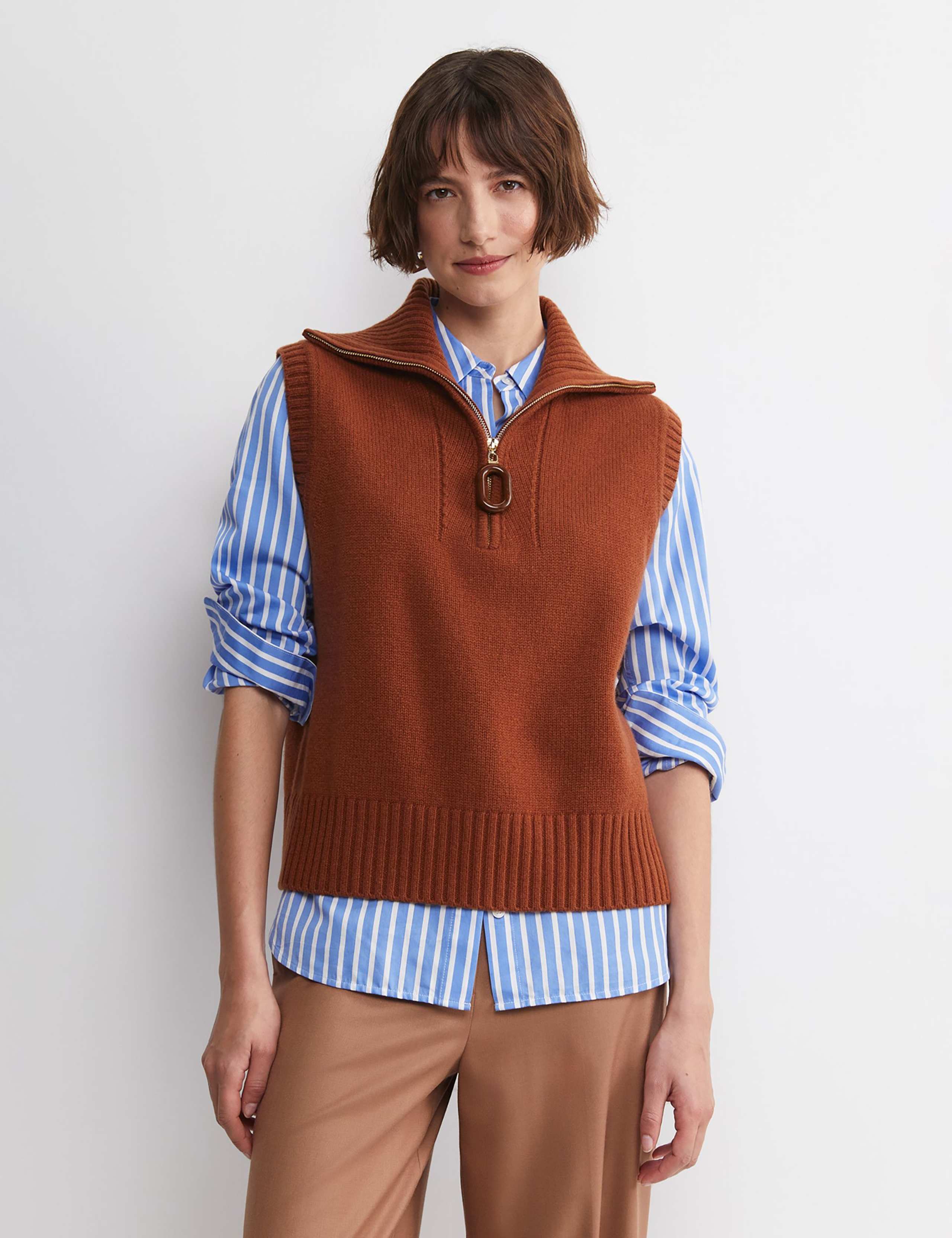 Pure Wool Collared Half Zip Knitted Vest