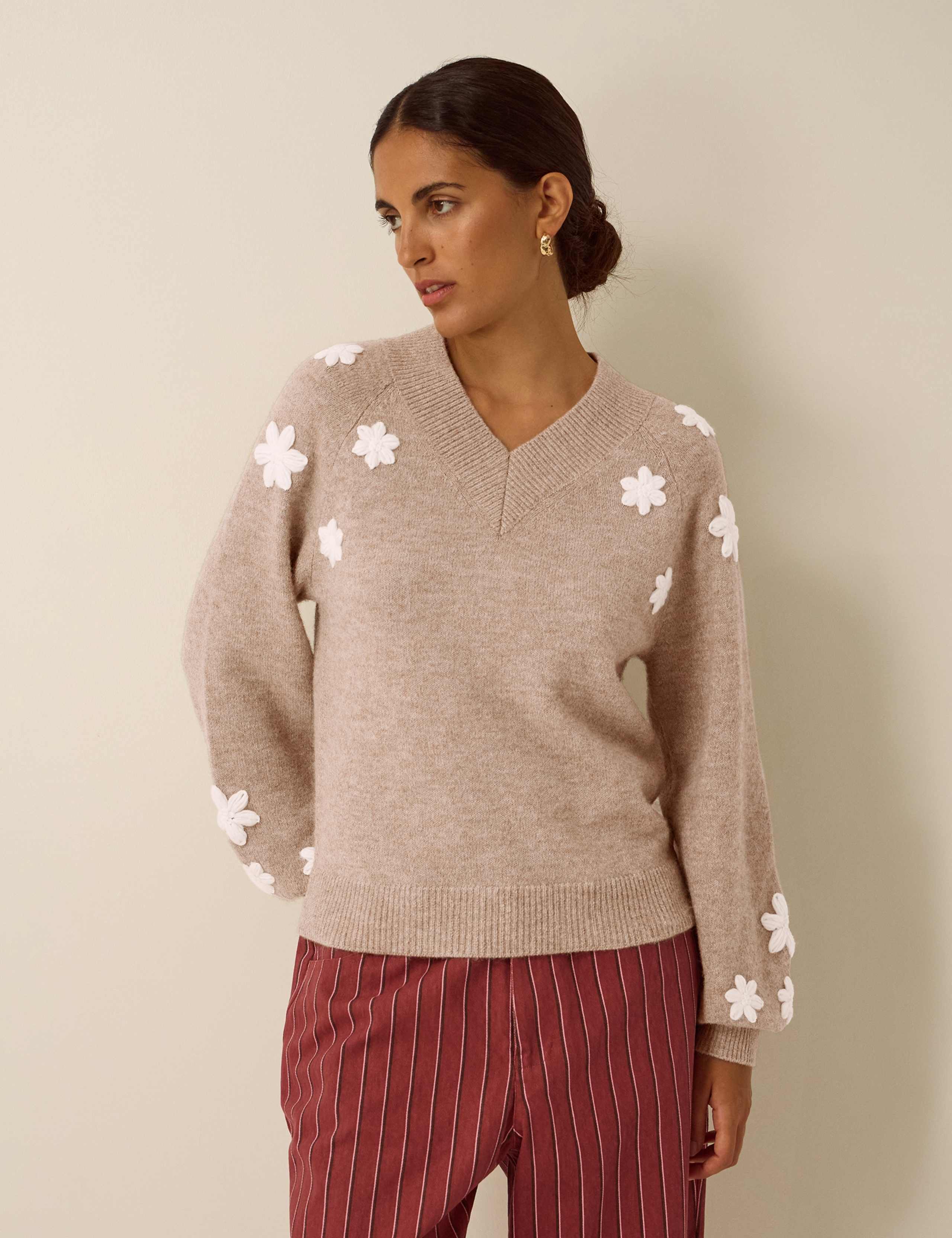 Embroidered V Neck Jumper