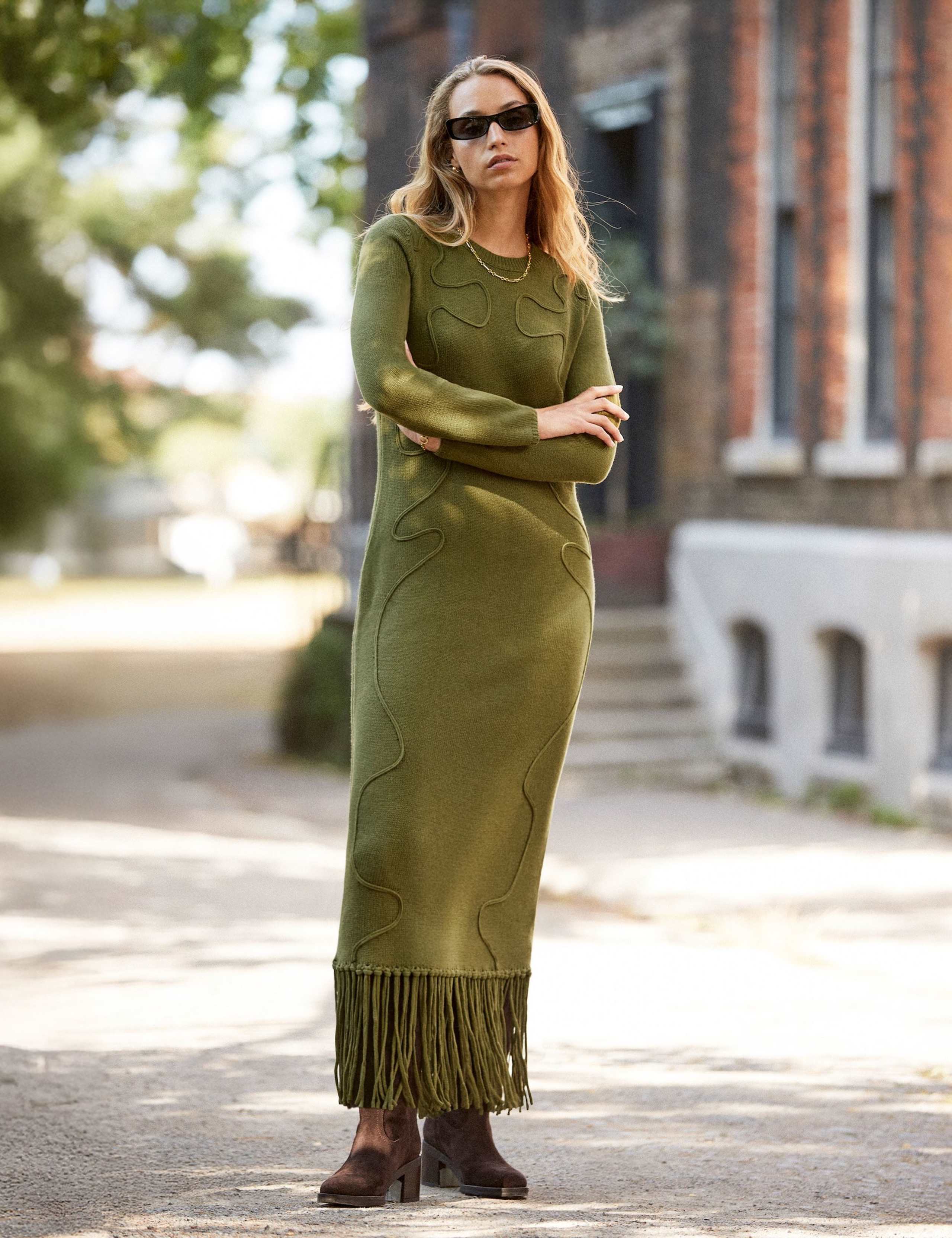 Khaki-Green Appliquéd Knit Midi Dress with Wool