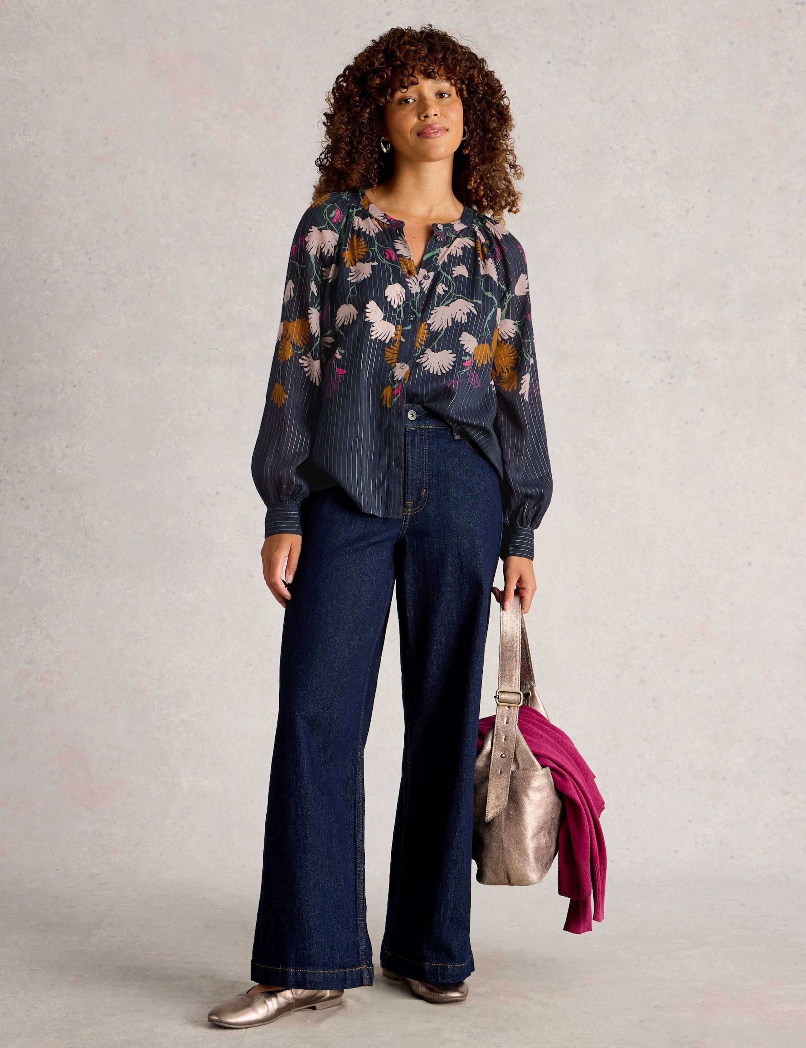 Cotton Rich Floral Metallic Striped Blouse